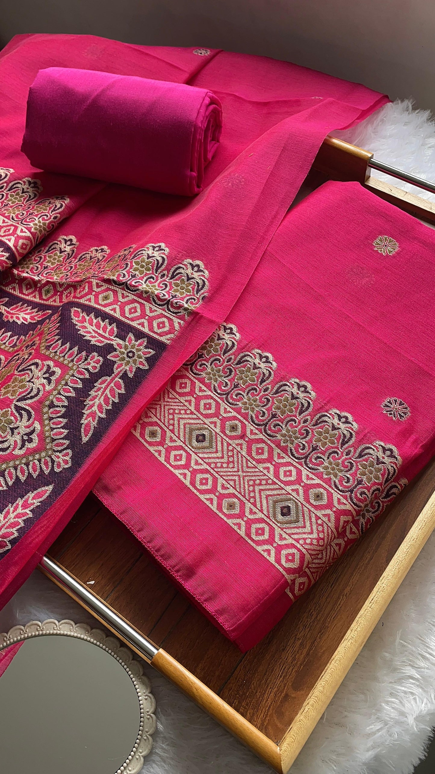 Aveline Pink Ajrakh Muga Cotton Unstitched Suit Set