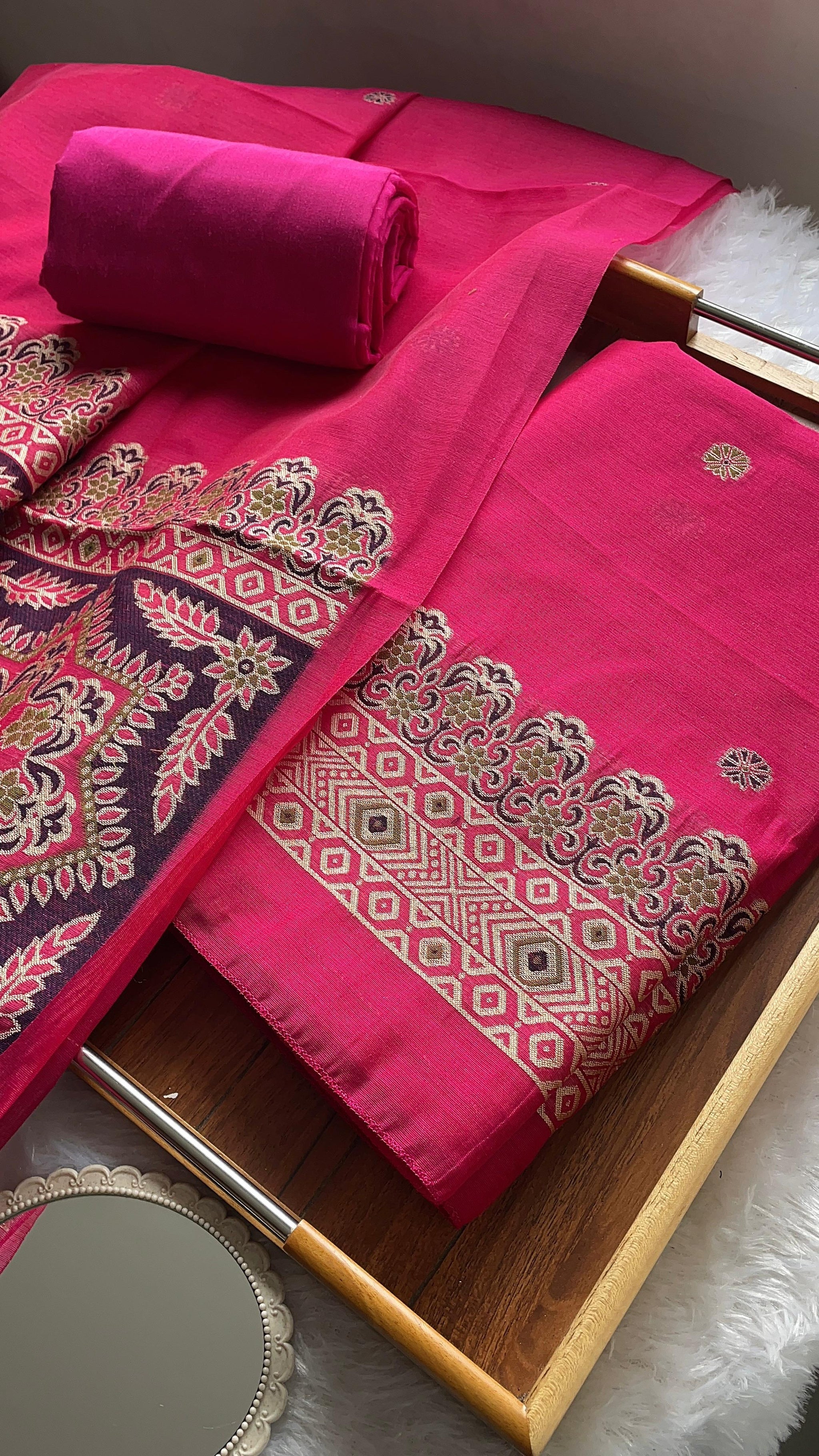 Aveline Pink Ajrakh Muga Cotton Unstitched Suit Set