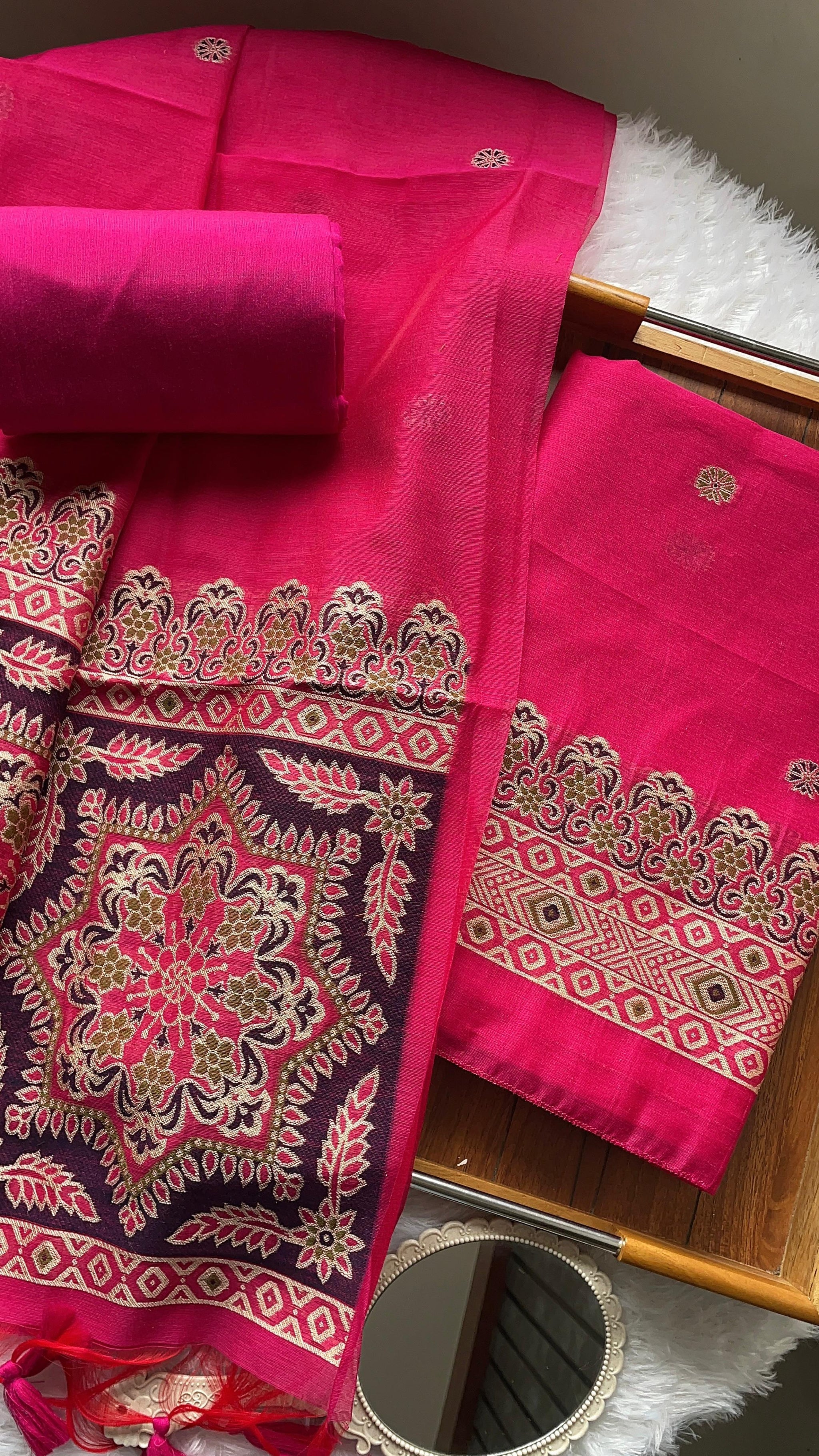 Aveline Pink Ajrakh Muga Cotton Unstitched Suit Set