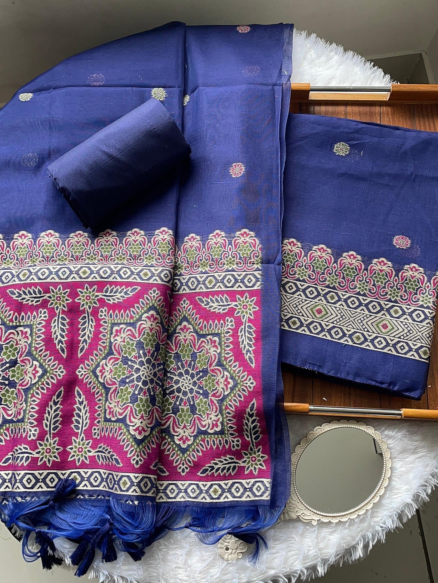 Aveline Navy Ajrakh Muga Cotton Unstitched Suit Set