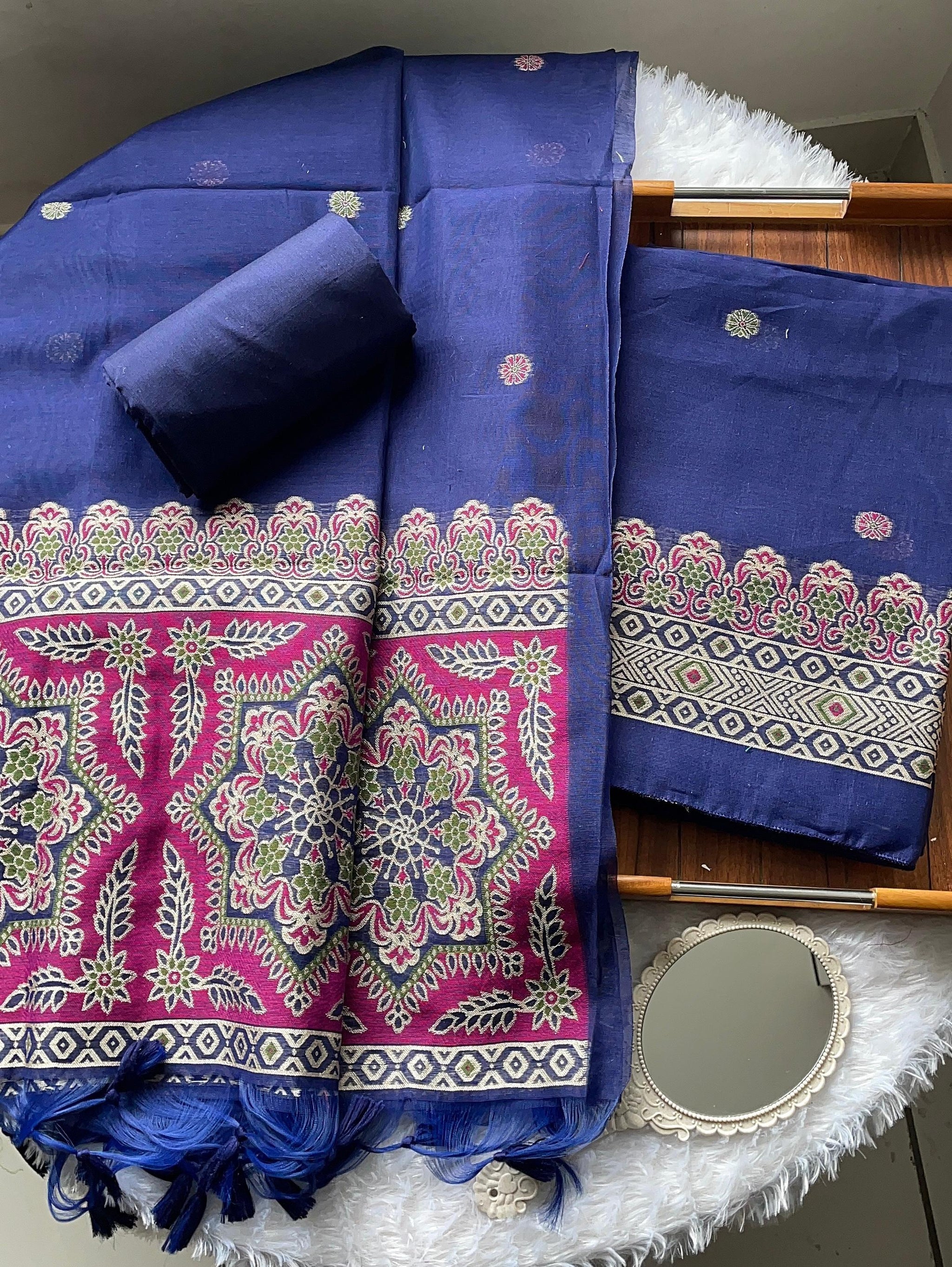 Aveline Navy Ajrakh Muga Cotton Unstitched Suit Set