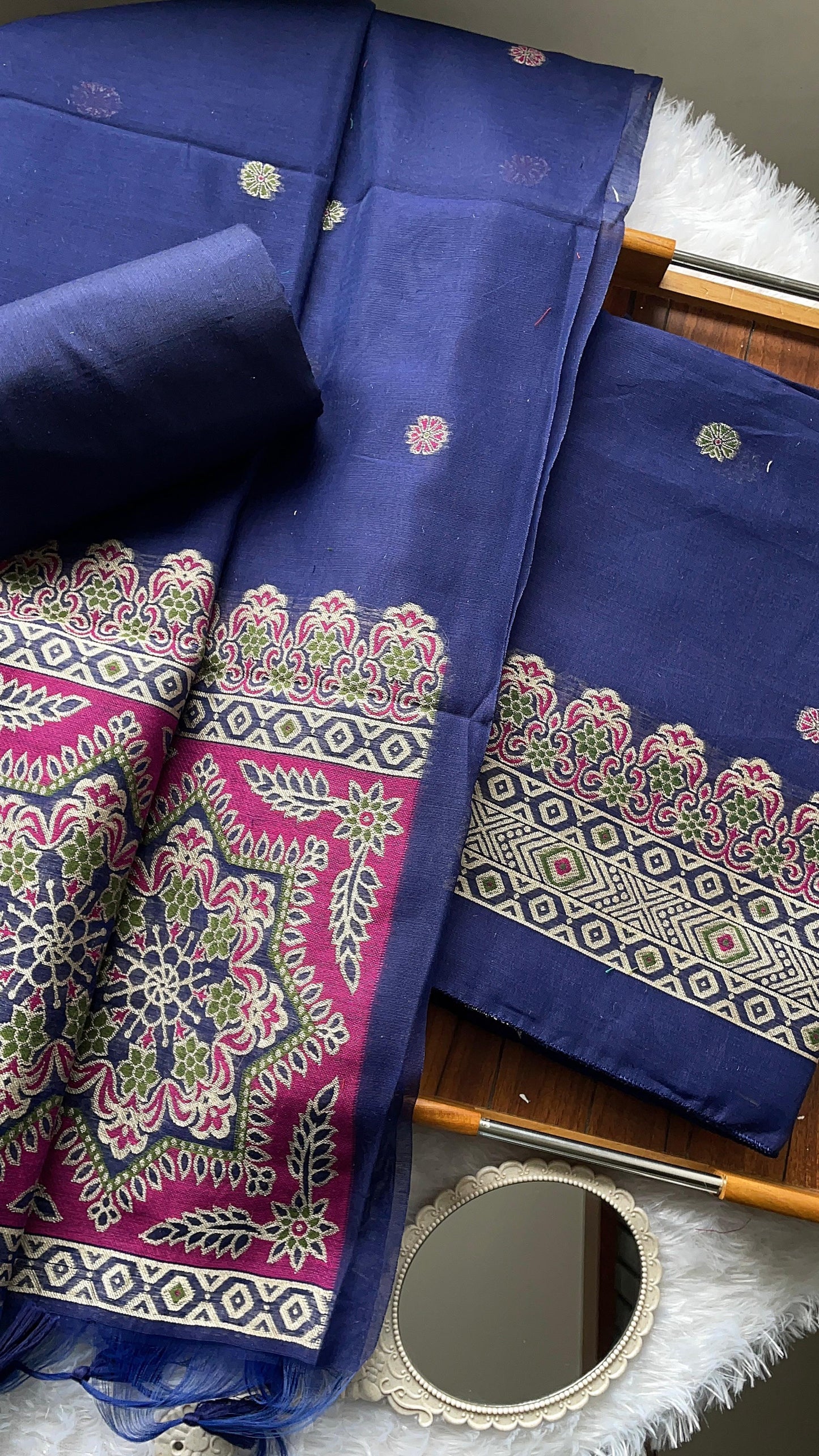 Aveline Navy Ajrakh Muga Cotton Unstitched Suit Set