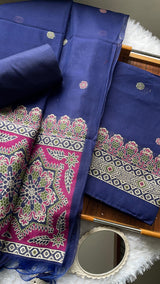 Aveline Navy Ajrakh Muga Cotton Unstitched Suit Set
