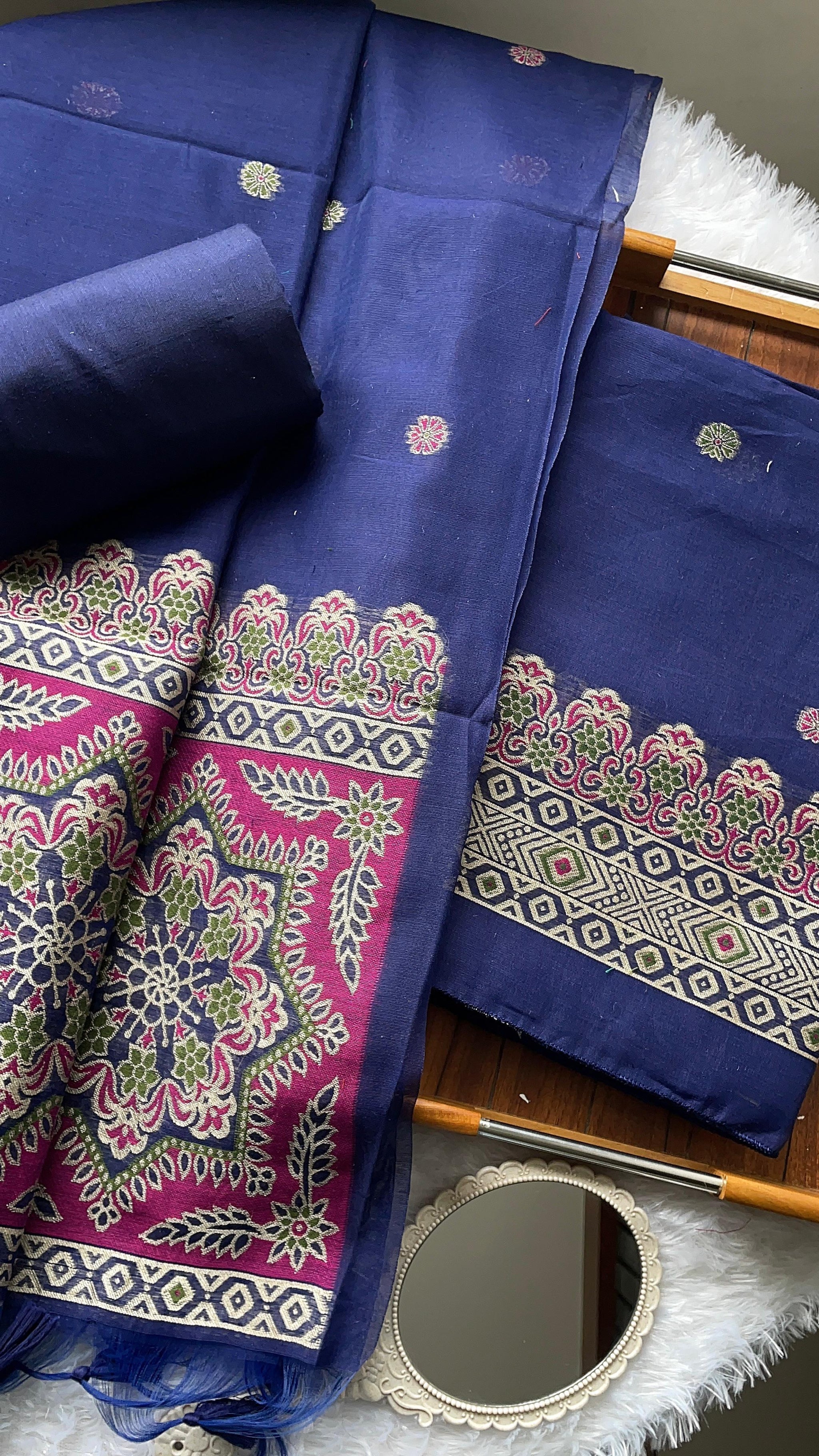 Aveline Navy Ajrakh Muga Cotton Unstitched Suit Set