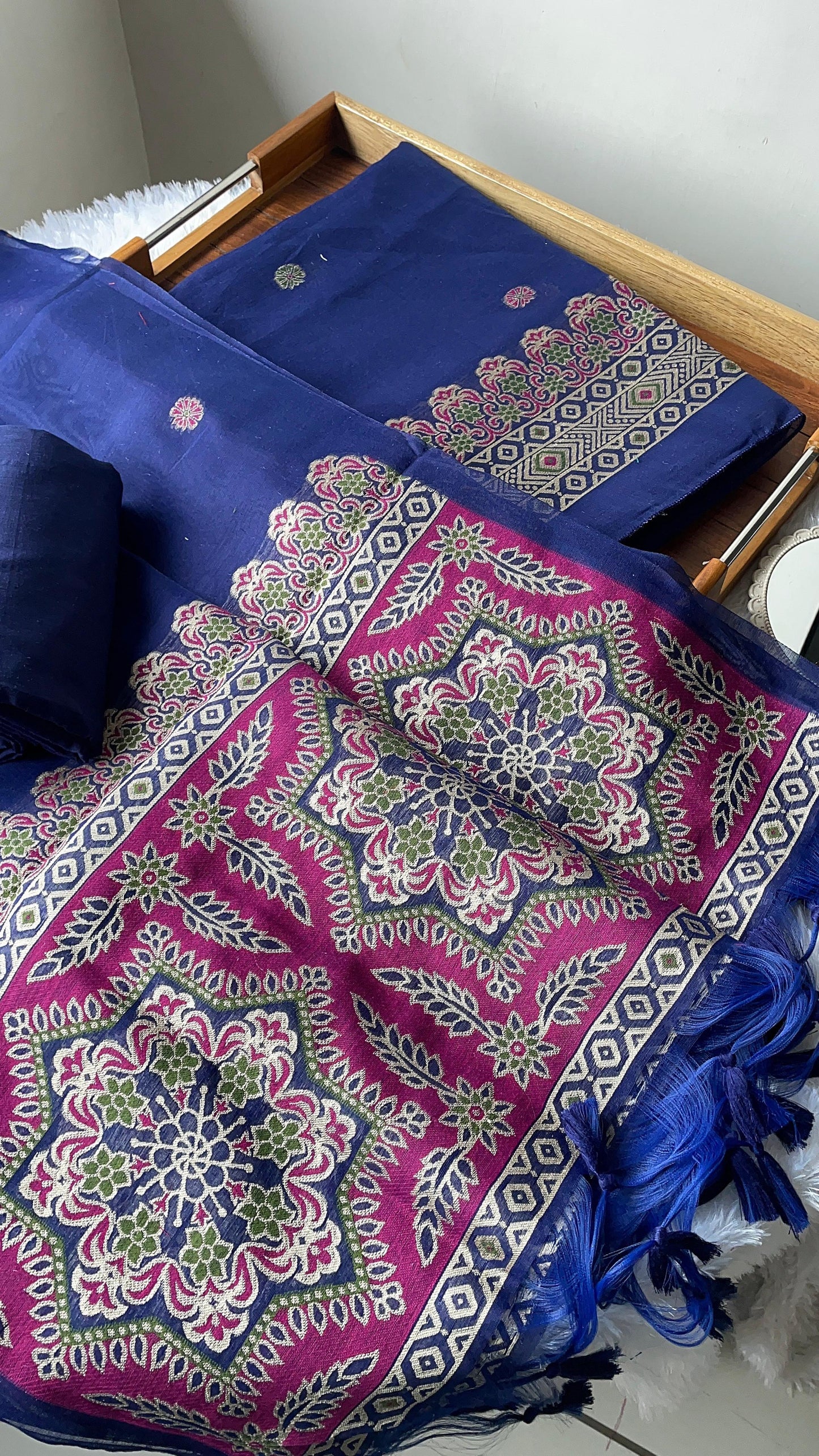 Aveline Navy Ajrakh Muga Cotton Unstitched Suit Set