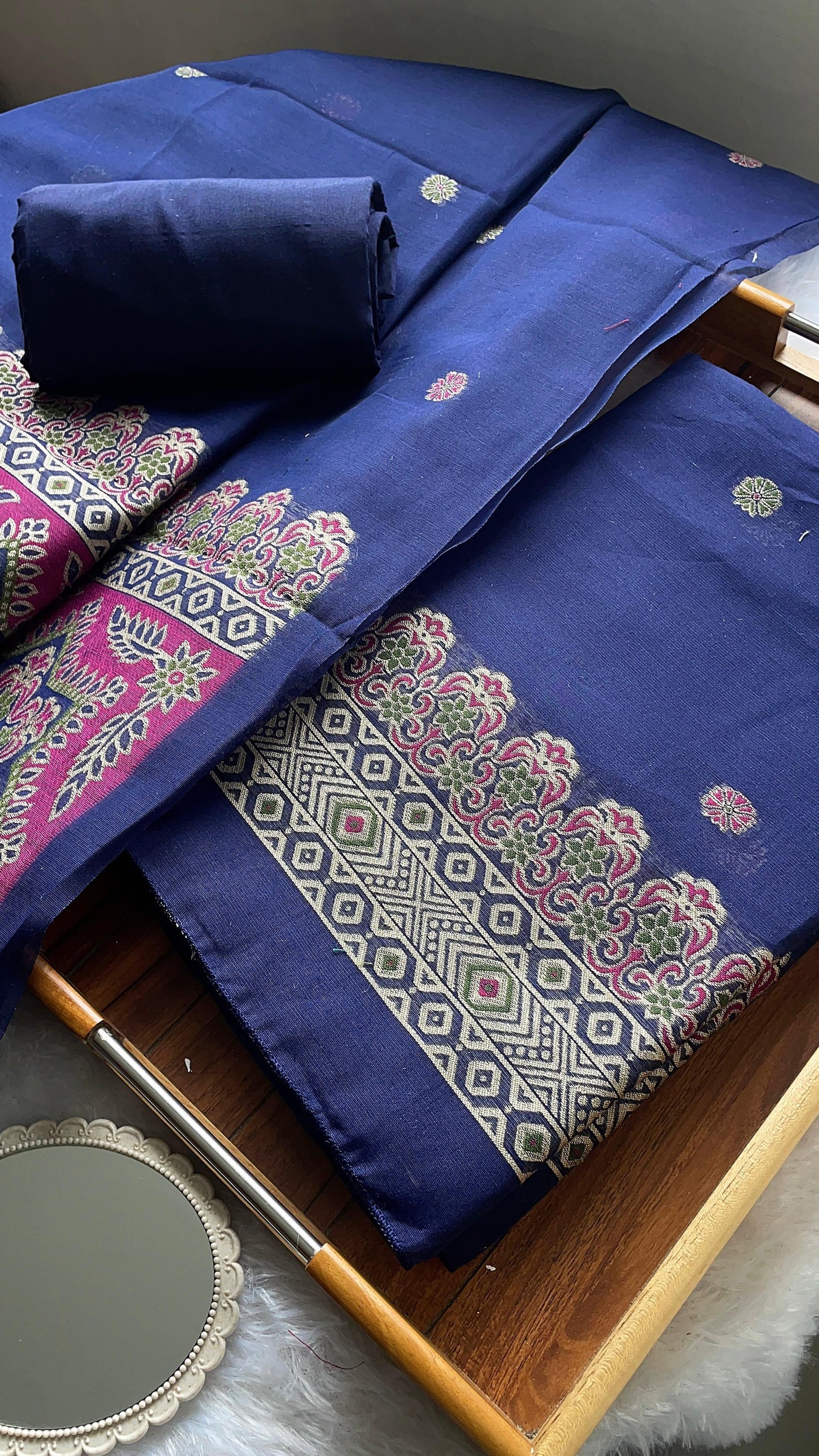 Aveline Navy Ajrakh Muga Cotton Unstitched Suit Set