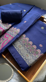 Aveline Navy Ajrakh Muga Cotton Unstitched Suit Set