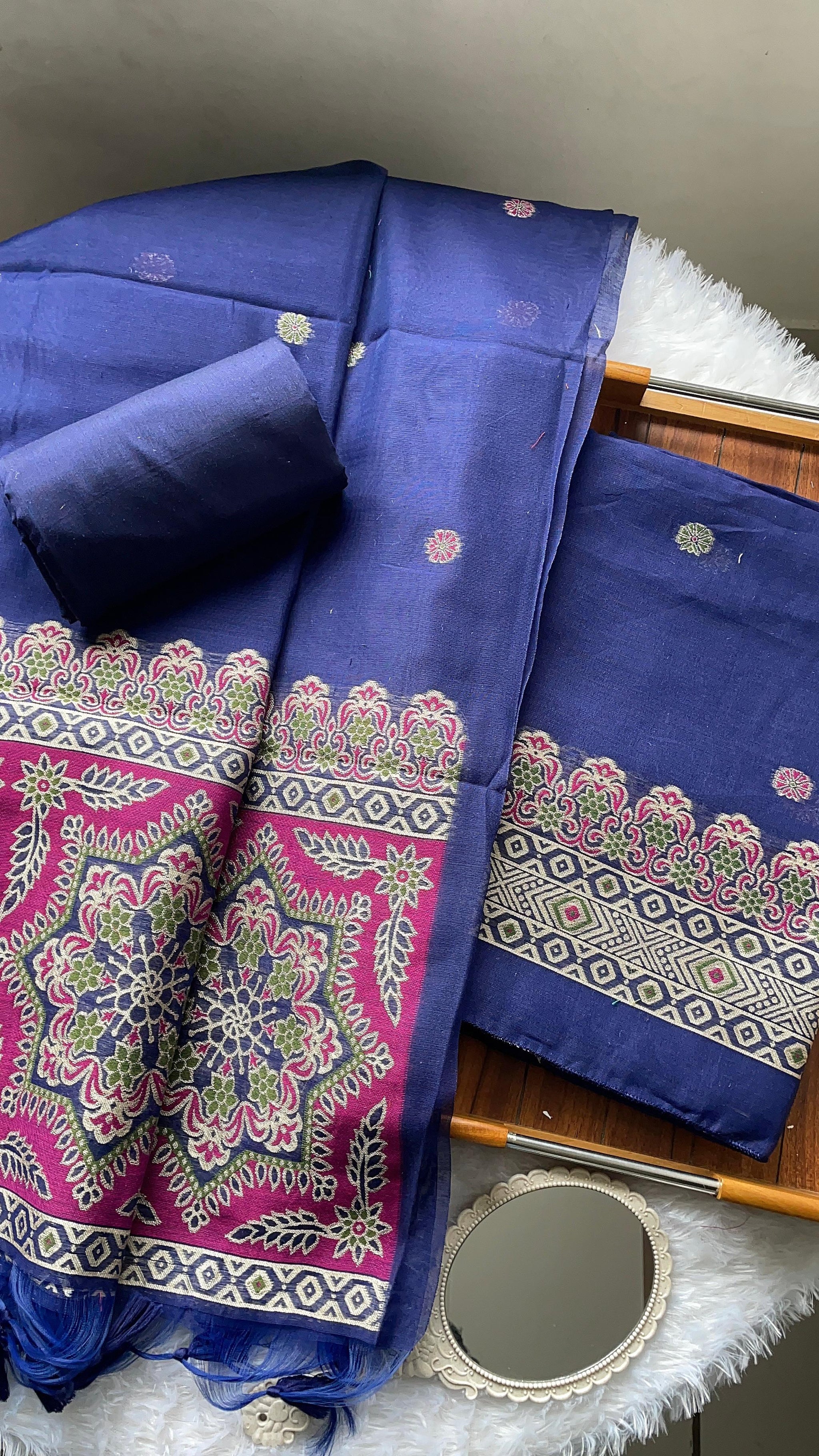 Aveline Navy Ajrakh Muga Cotton Unstitched Suit Set