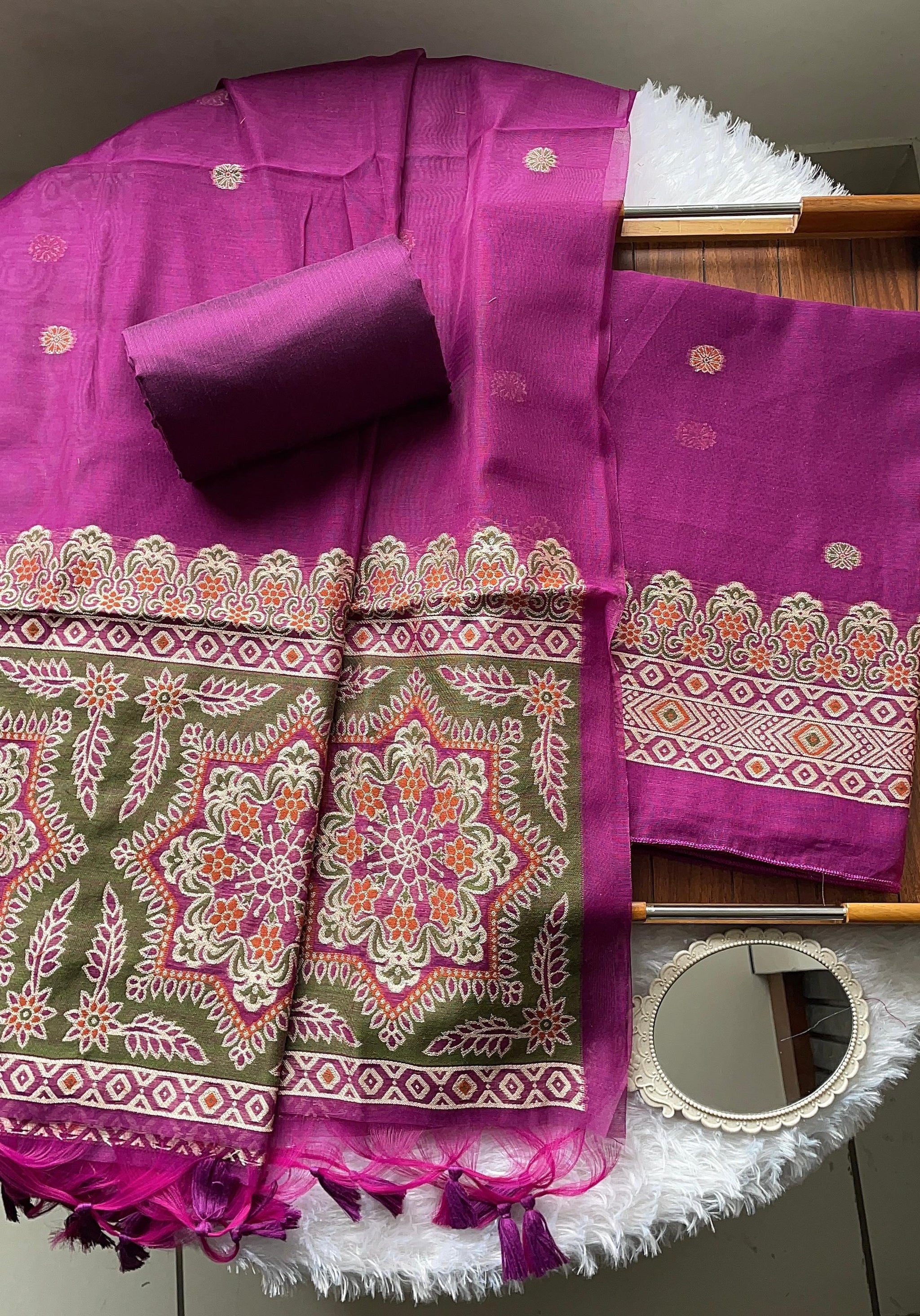 Aveline Wine Ajrakh Muga Cotton Unstitched Suit Set