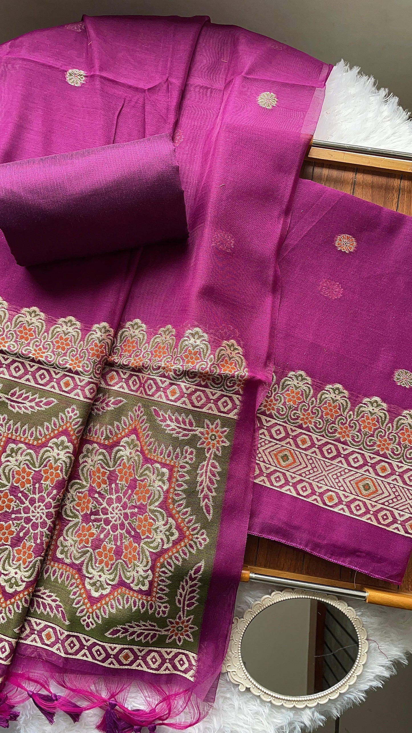 Aveline Wine Ajrakh Muga Cotton Unstitched Suit Set
