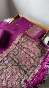 Aveline Wine Ajrakh Muga Cotton Unstitched Suit Set