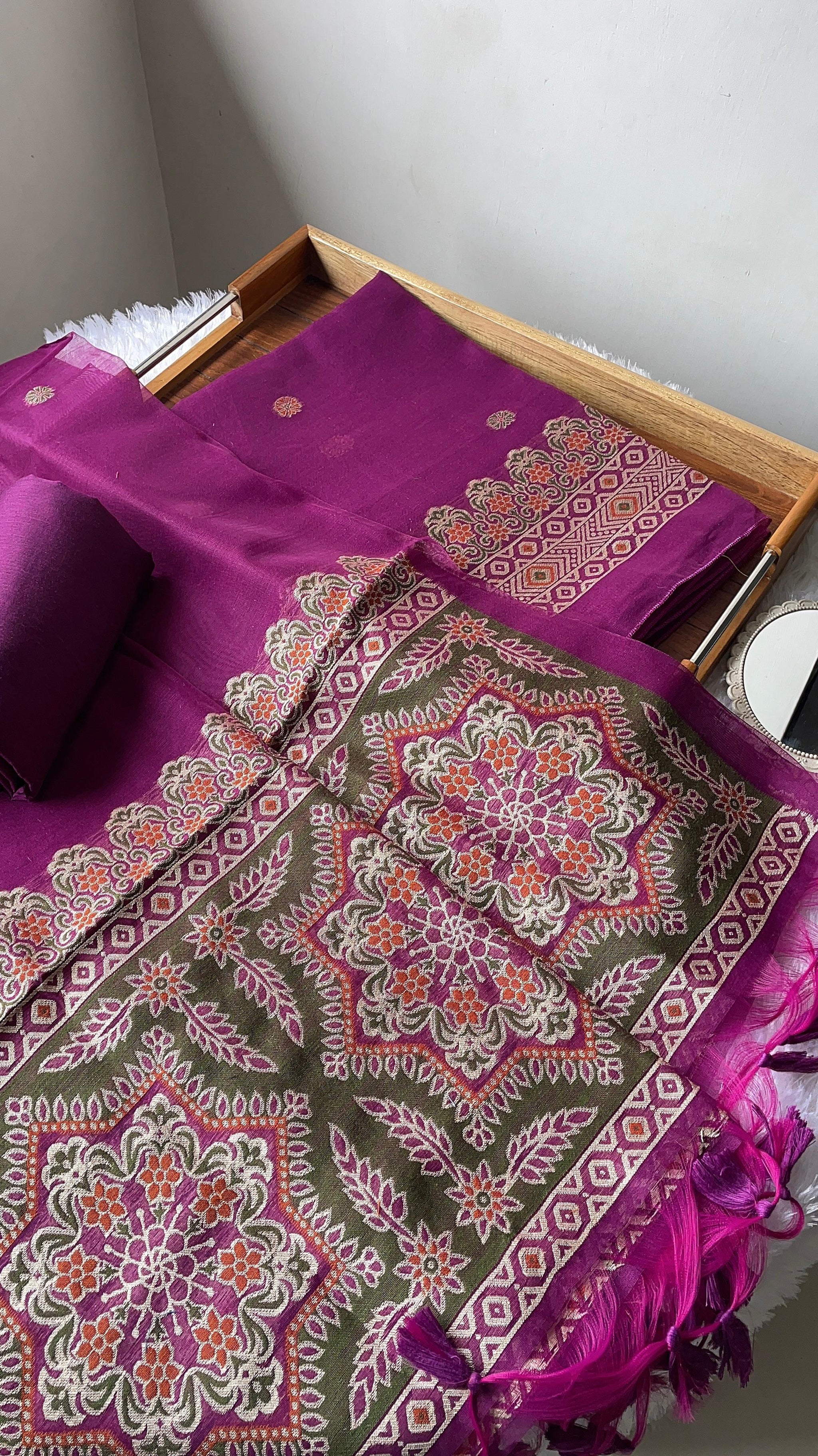 Aveline Wine Ajrakh Muga Cotton Unstitched Suit Set