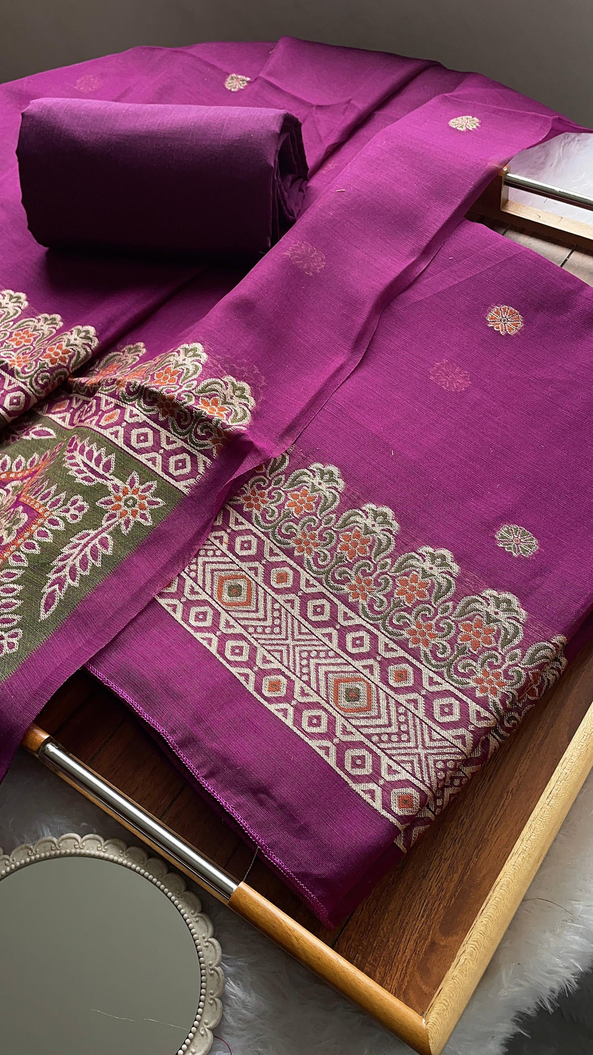 Aveline Wine Ajrakh Muga Cotton Unstitched Suit Set