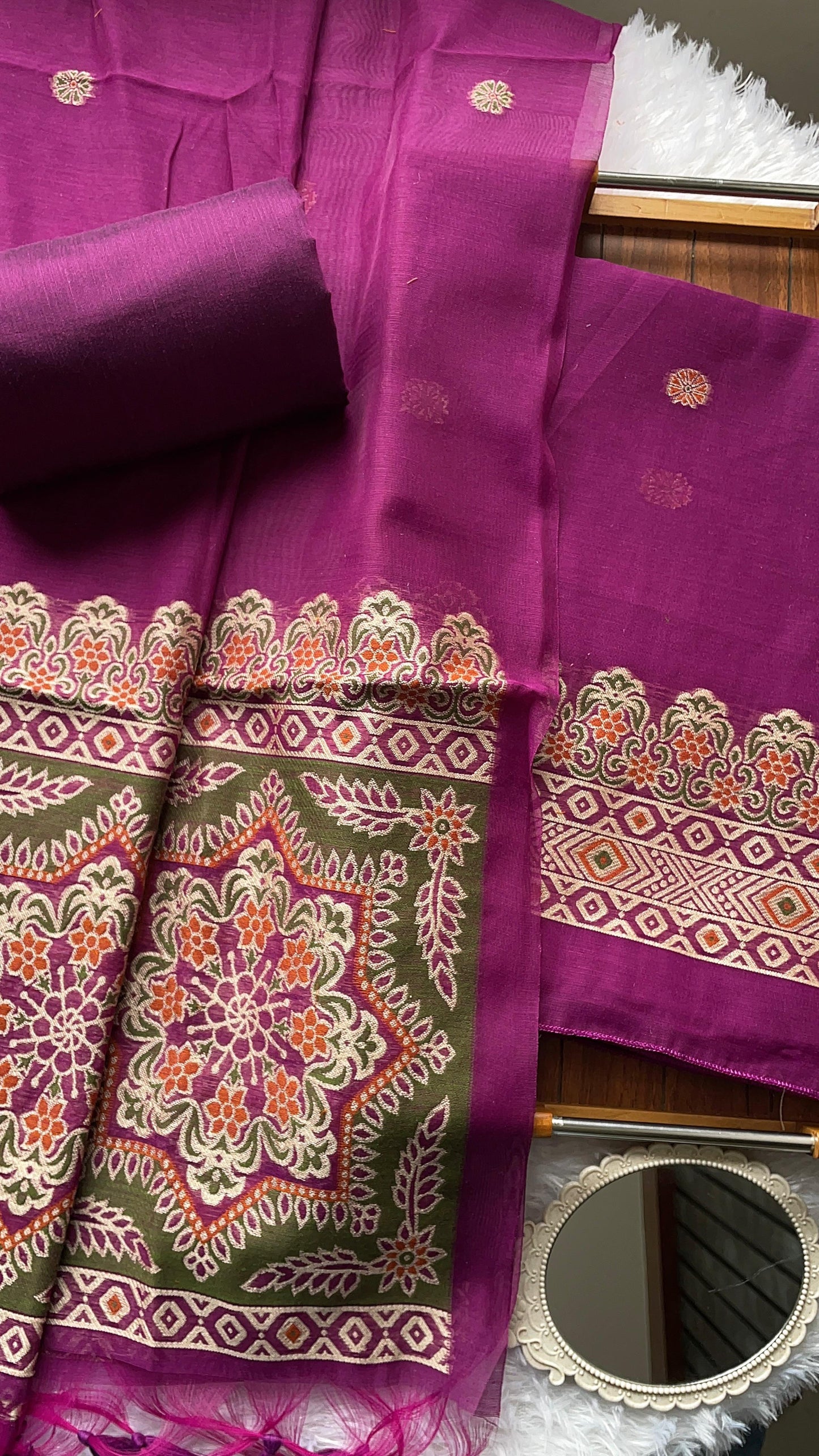 Aveline Wine Ajrakh Muga Cotton Unstitched Suit Set