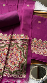 Aveline Wine Ajrakh Muga Cotton Unstitched Suit Set