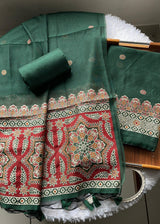 Aveline Green Ajrakh Muga Cotton Unstitched Suit Set