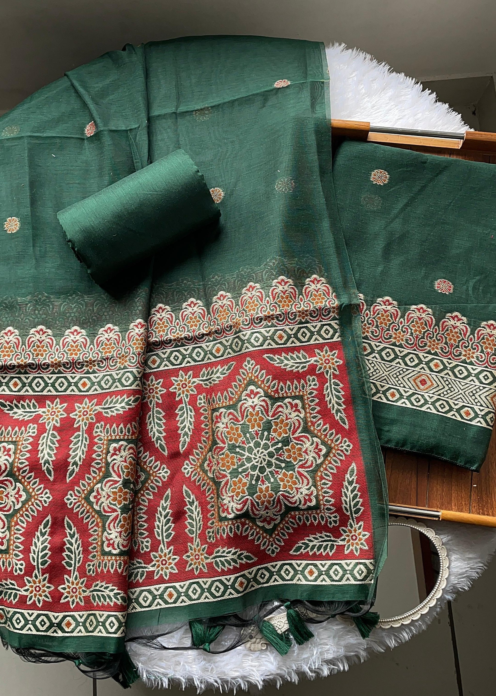 Aveline Green Ajrakh Muga Cotton Unstitched Suit Set