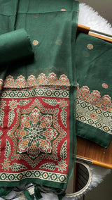 Aveline Green Ajrakh Muga Cotton Unstitched Suit Set