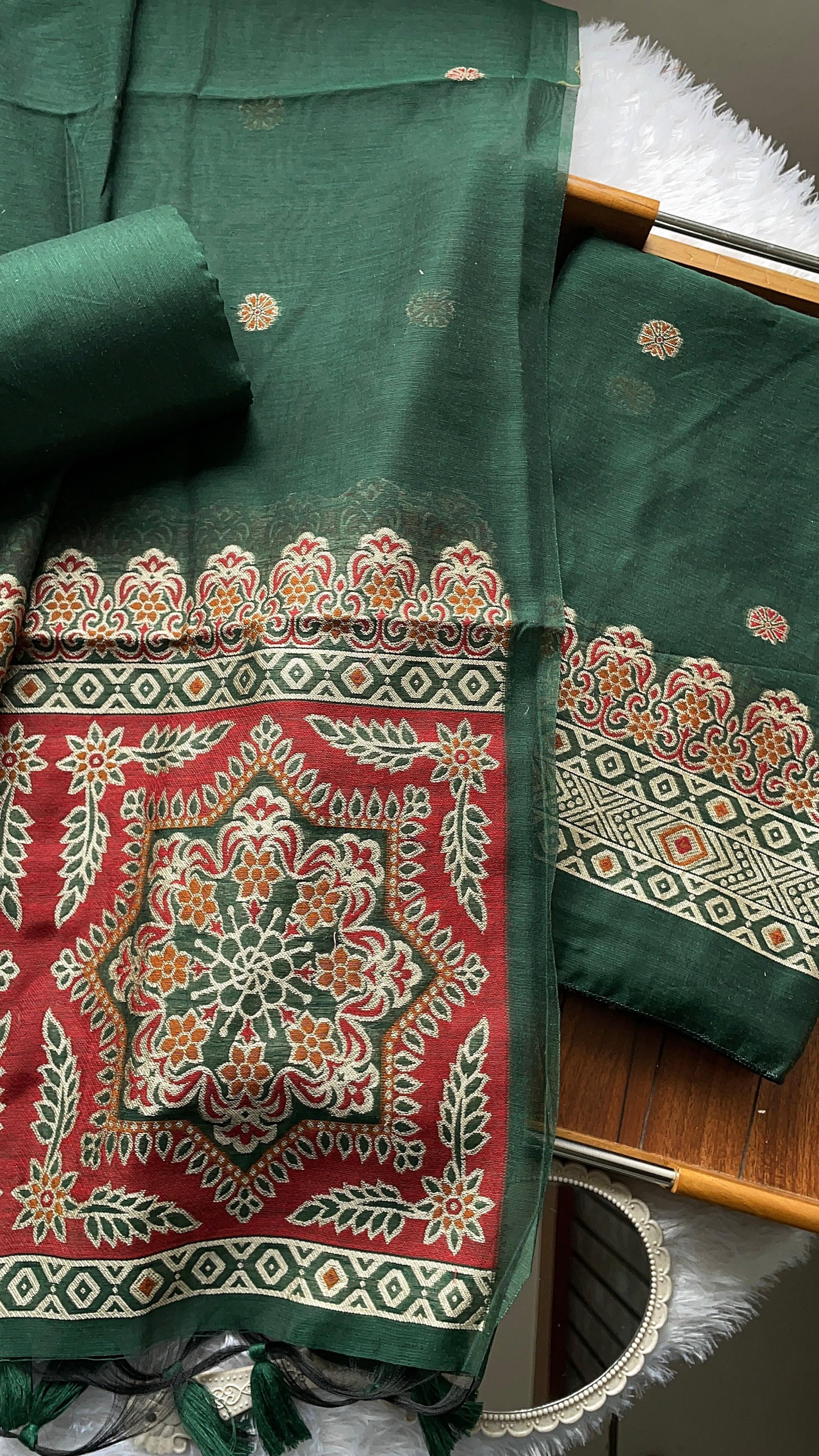 Aveline Green Ajrakh Muga Cotton Unstitched Suit Set