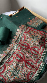 Aveline Green Ajrakh Muga Cotton Unstitched Suit Set