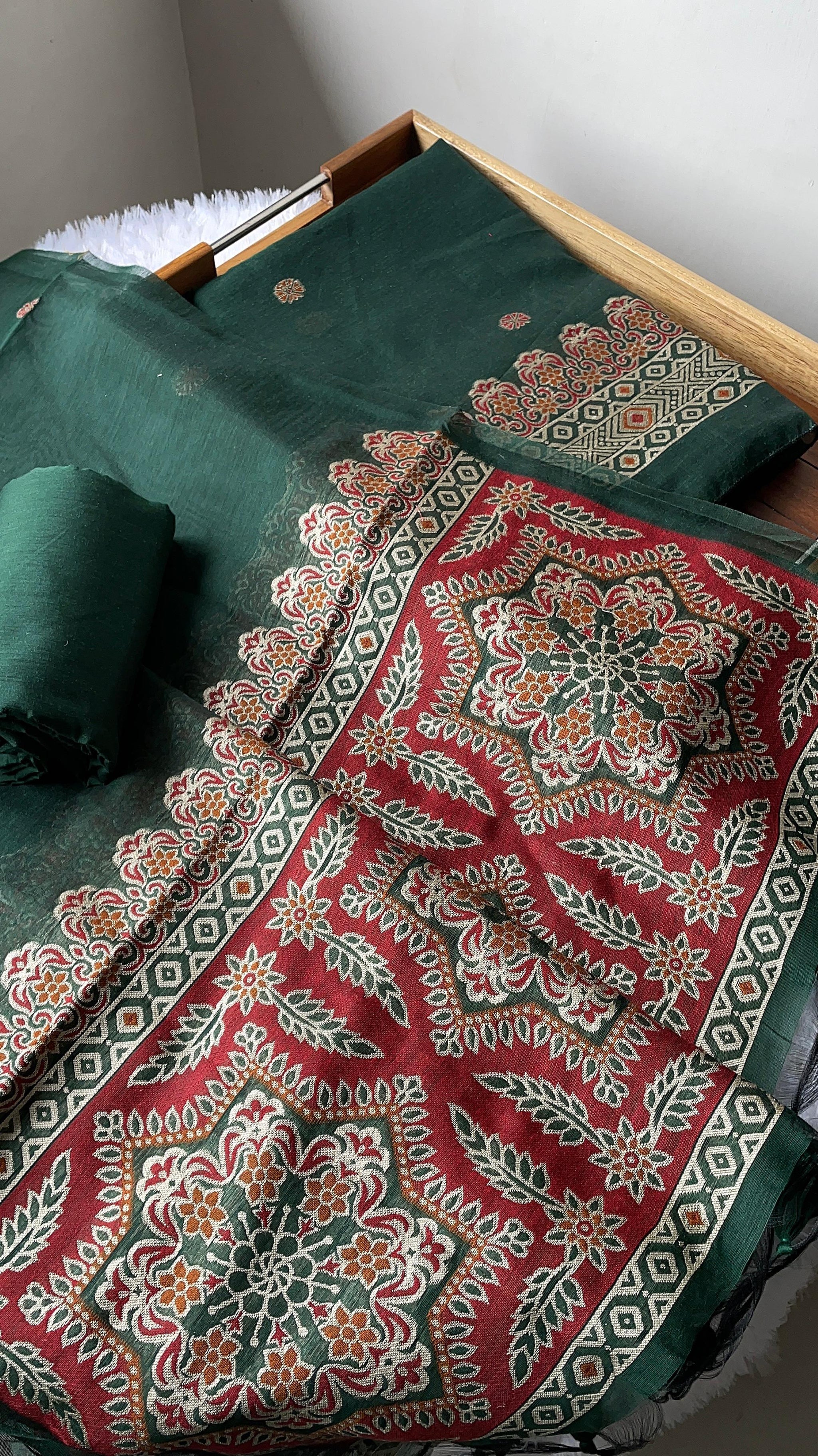 Aveline Green Ajrakh Muga Cotton Unstitched Suit Set