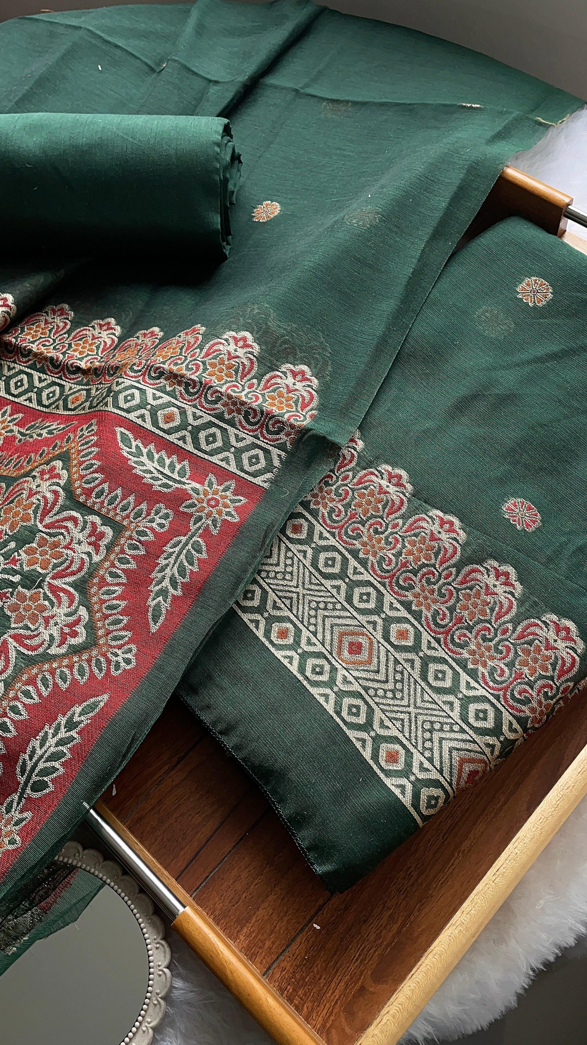 Aveline Green Ajrakh Muga Cotton Unstitched Suit Set