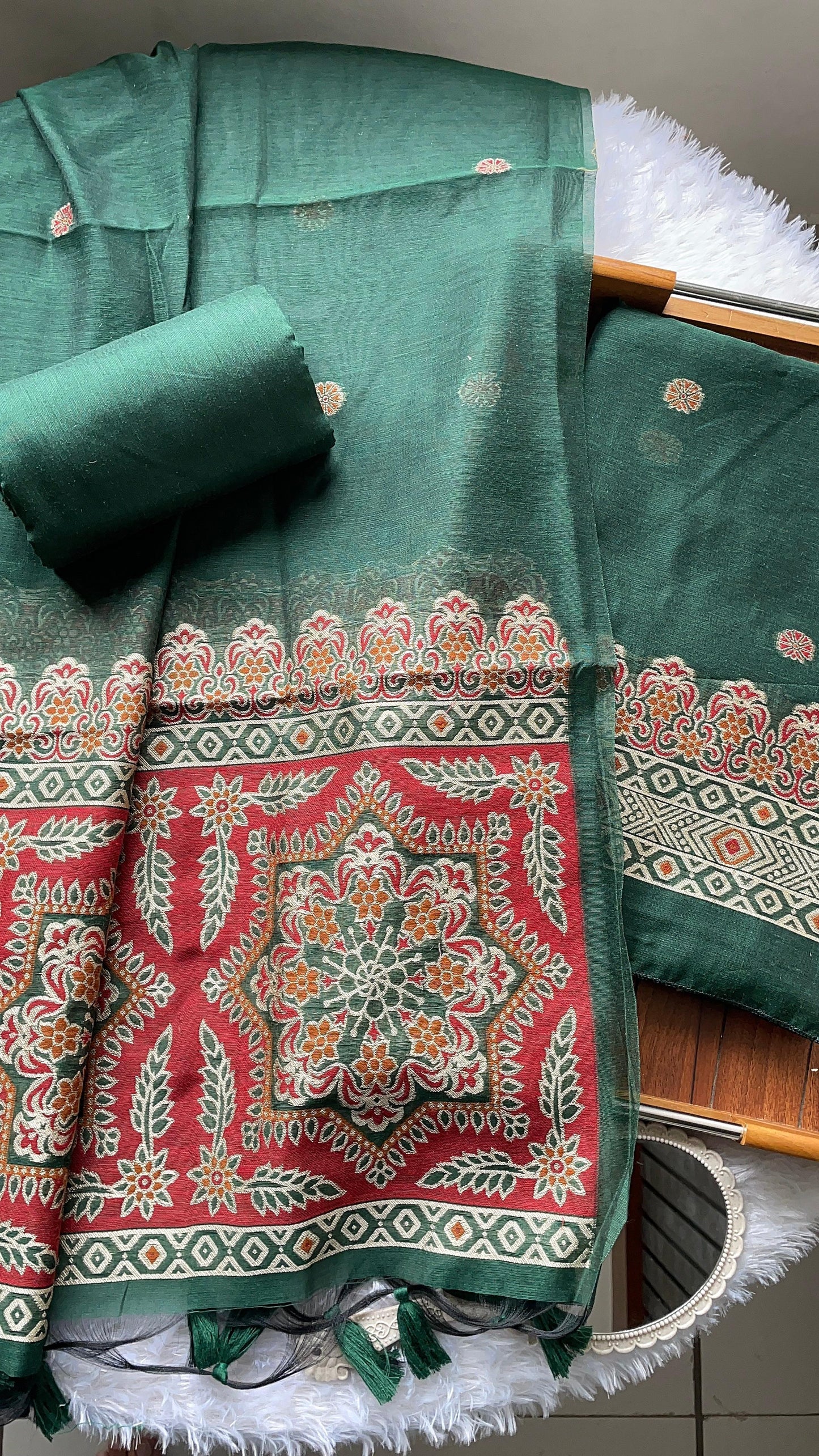 Aveline Green Ajrakh Muga Cotton Unstitched Suit Set