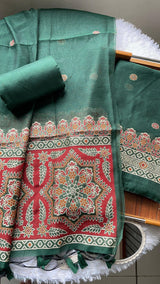 Aveline Green Ajrakh Muga Cotton Unstitched Suit Set