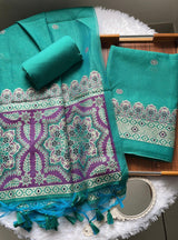 Aveline Teal Ajrakh Muga Cotton Unstitched Suit Set