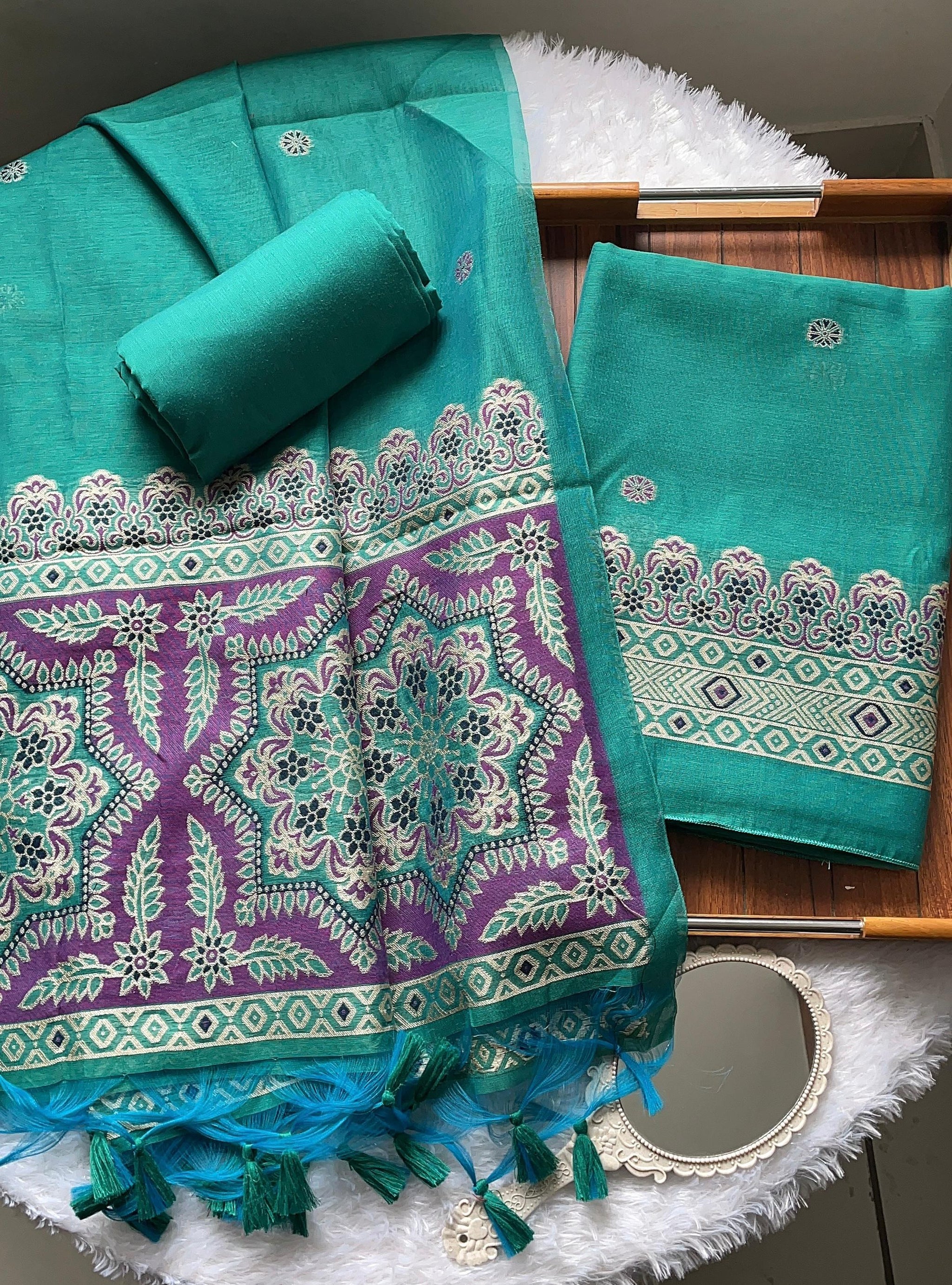 Aveline Teal Ajrakh Muga Cotton Unstitched Suit Set