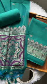 Aveline Teal Ajrakh Muga Cotton Unstitched Suit Set