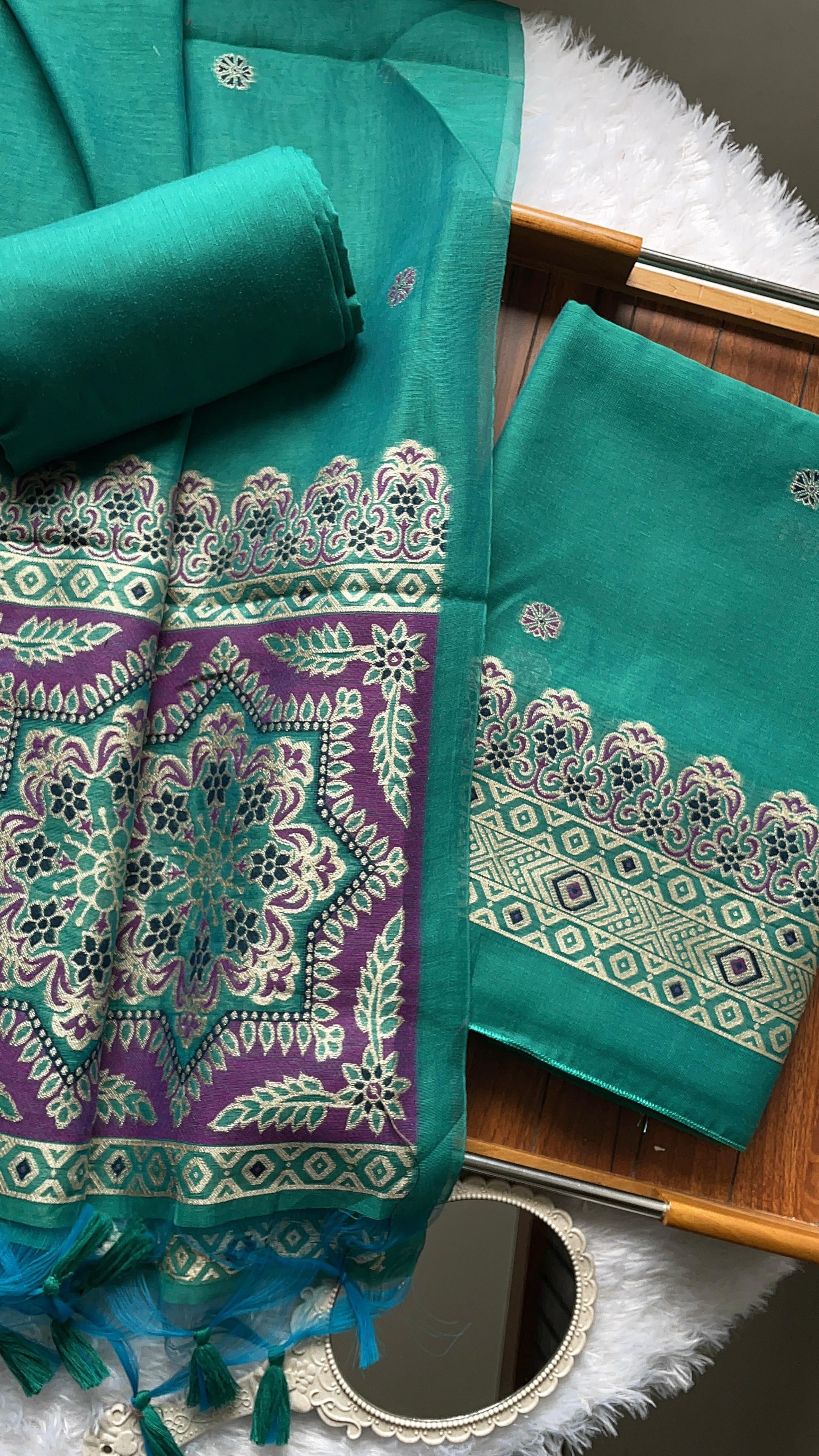 Aveline Teal Ajrakh Muga Cotton Unstitched Suit Set