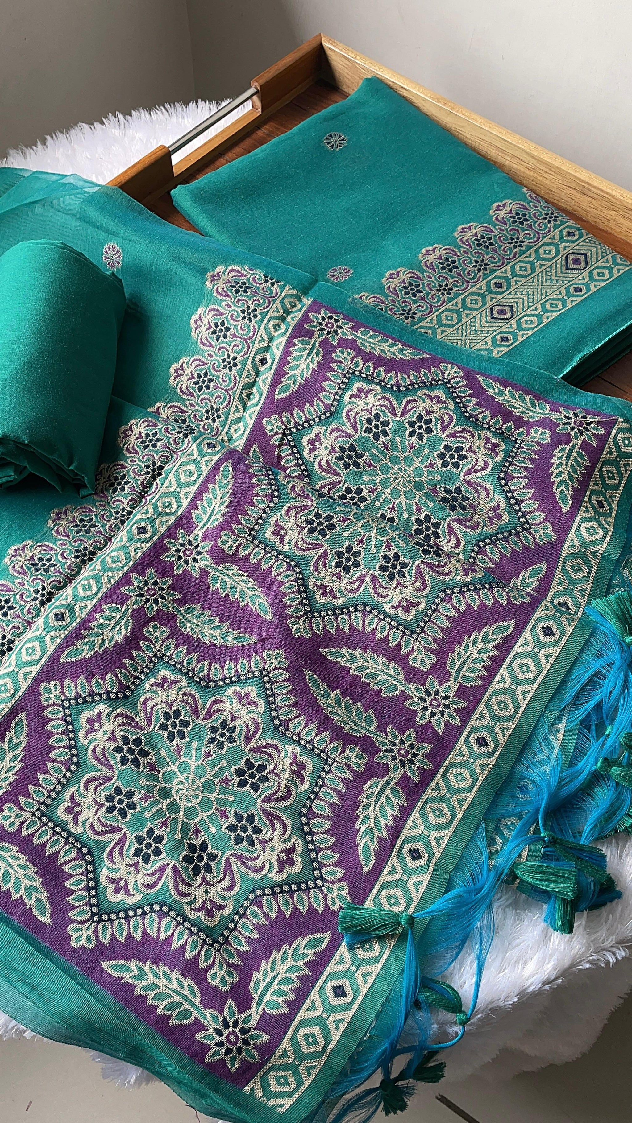 Aveline Teal Ajrakh Muga Cotton Unstitched Suit Set