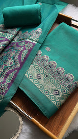 Aveline Teal Ajrakh Muga Cotton Unstitched Suit Set