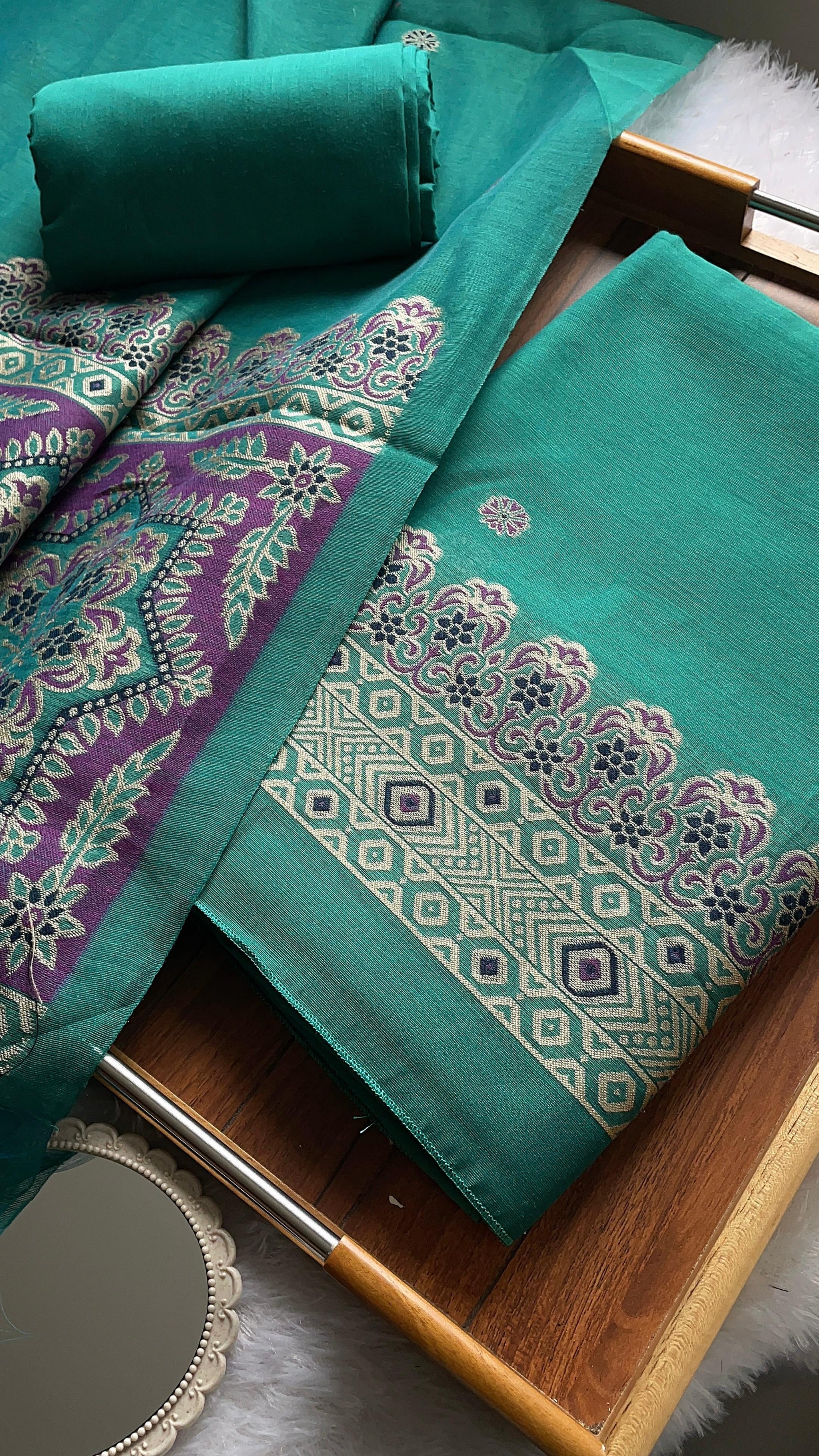 Aveline Teal Ajrakh Muga Cotton Unstitched Suit Set