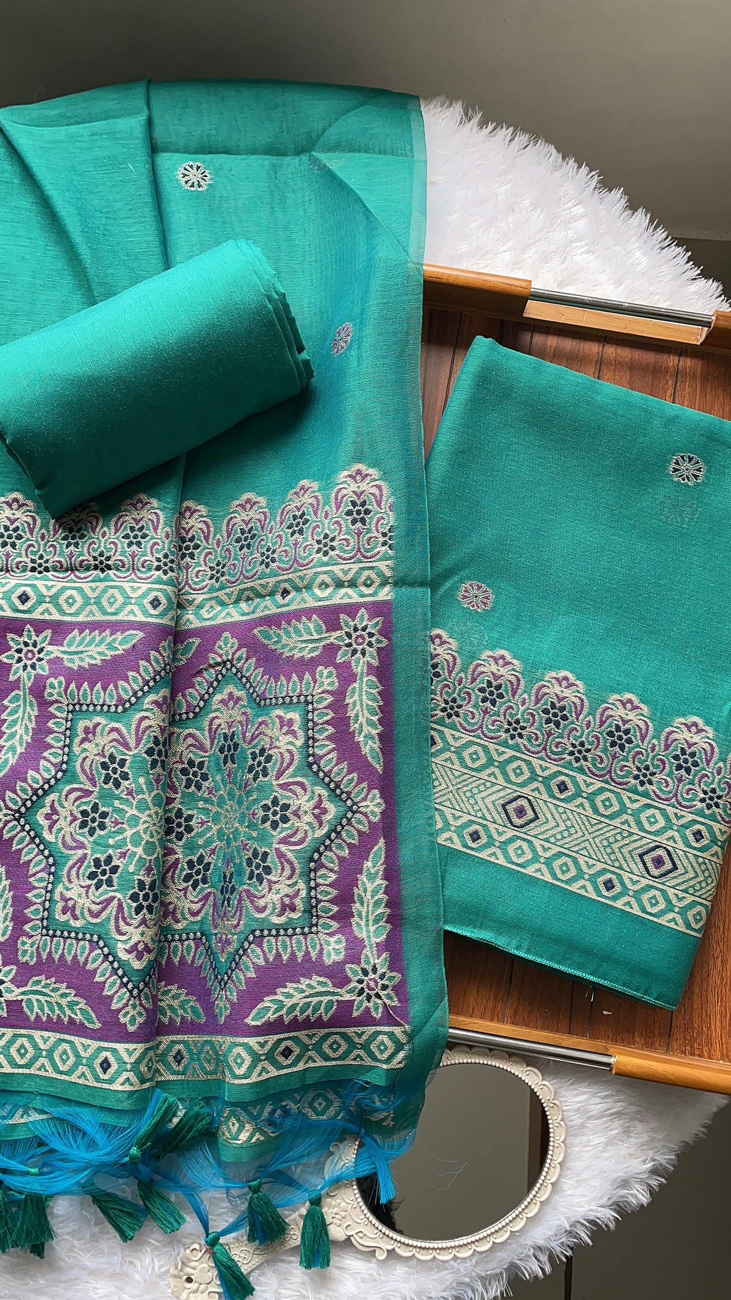 Aveline Teal Ajrakh Muga Cotton Unstitched Suit Set