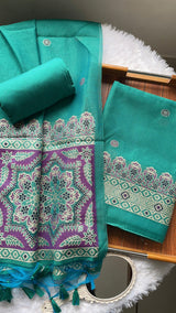 Aveline Teal Ajrakh Muga Cotton Unstitched Suit Set