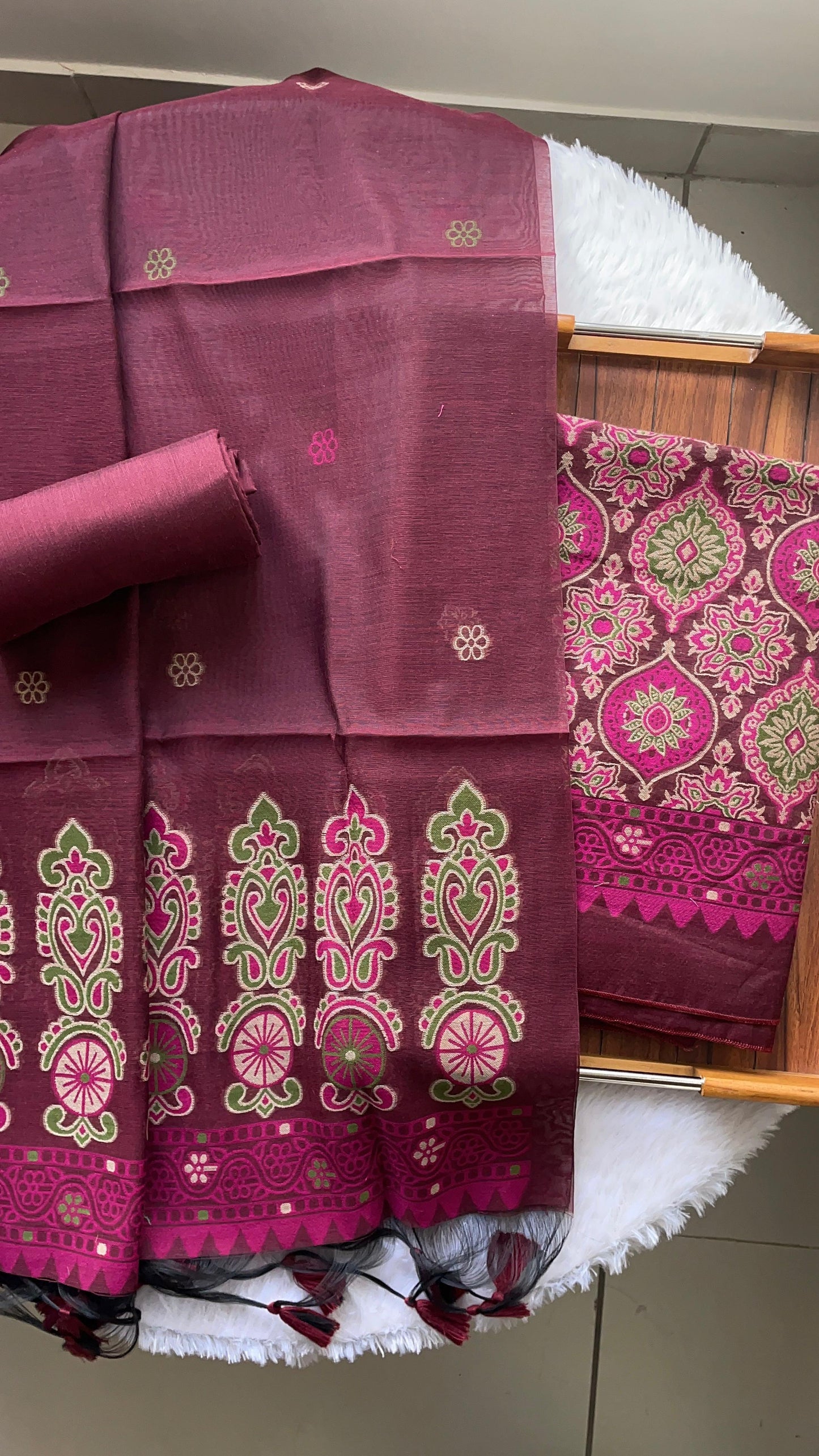 Lumina Ajrakh Maroon Red Muga Cotton Unstitched Suit Set