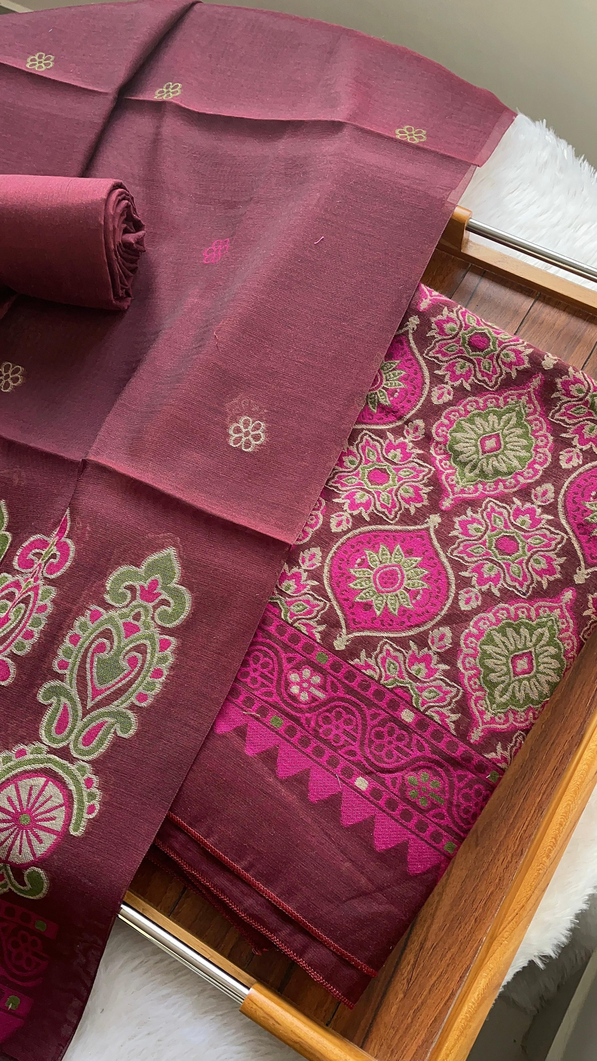 Lumina Ajrakh Maroon Red Muga Cotton Unstitched Suit Set