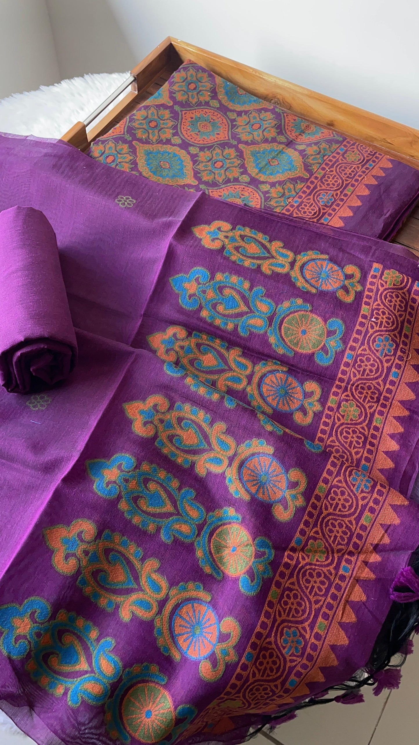 Lumina Ajrakh Wine Muga Cotton Unstitched Suit Set