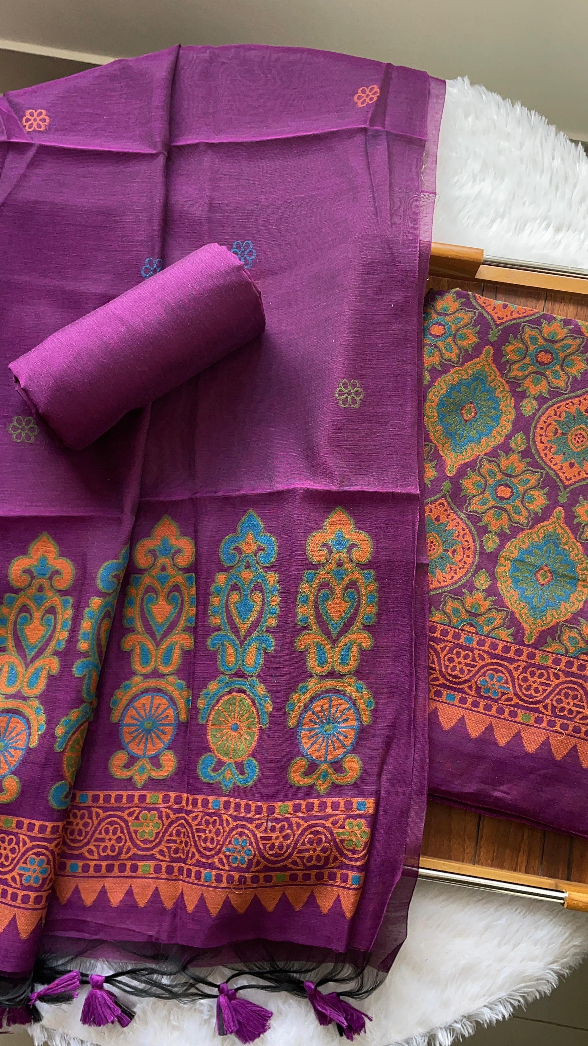 Lumina Ajrakh Wine Muga Cotton Unstitched Suit Set