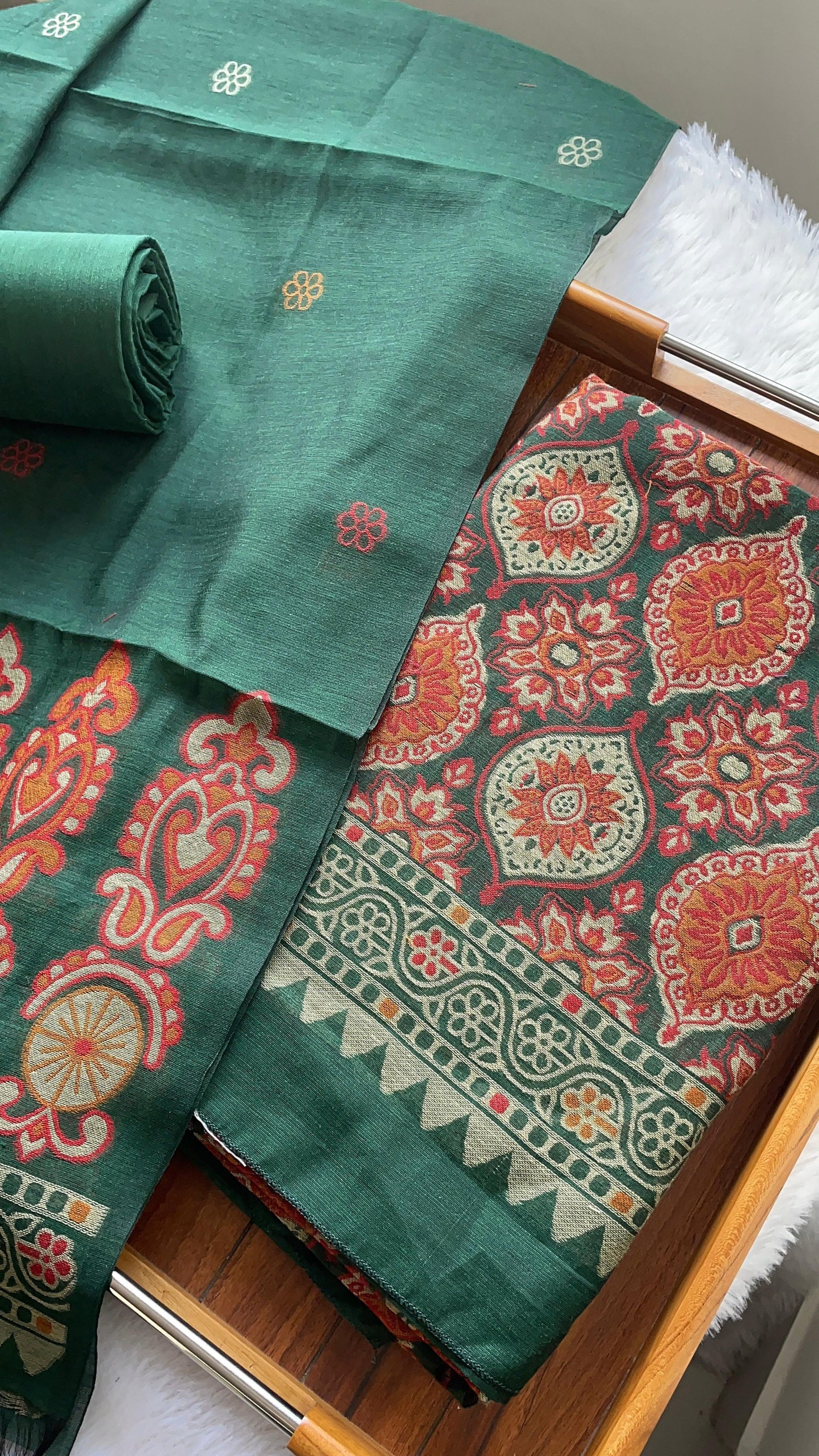 Lumina Ajrakh Green Muga Cotton Unstitched Suit Set