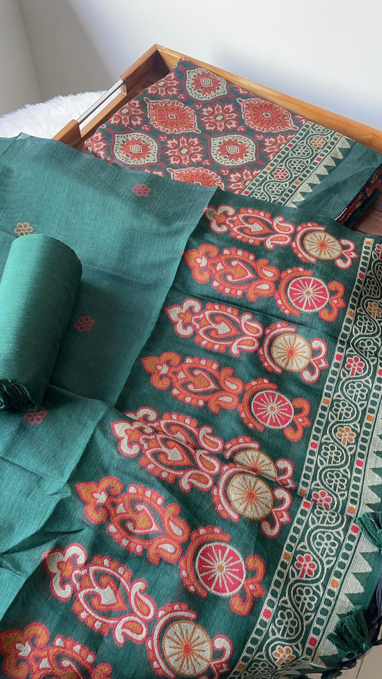 Lumina Ajrakh Green Muga Cotton Unstitched Suit Set