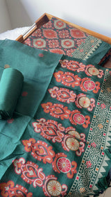 Lumina Ajrakh Green Muga Cotton Unstitched Suit Set