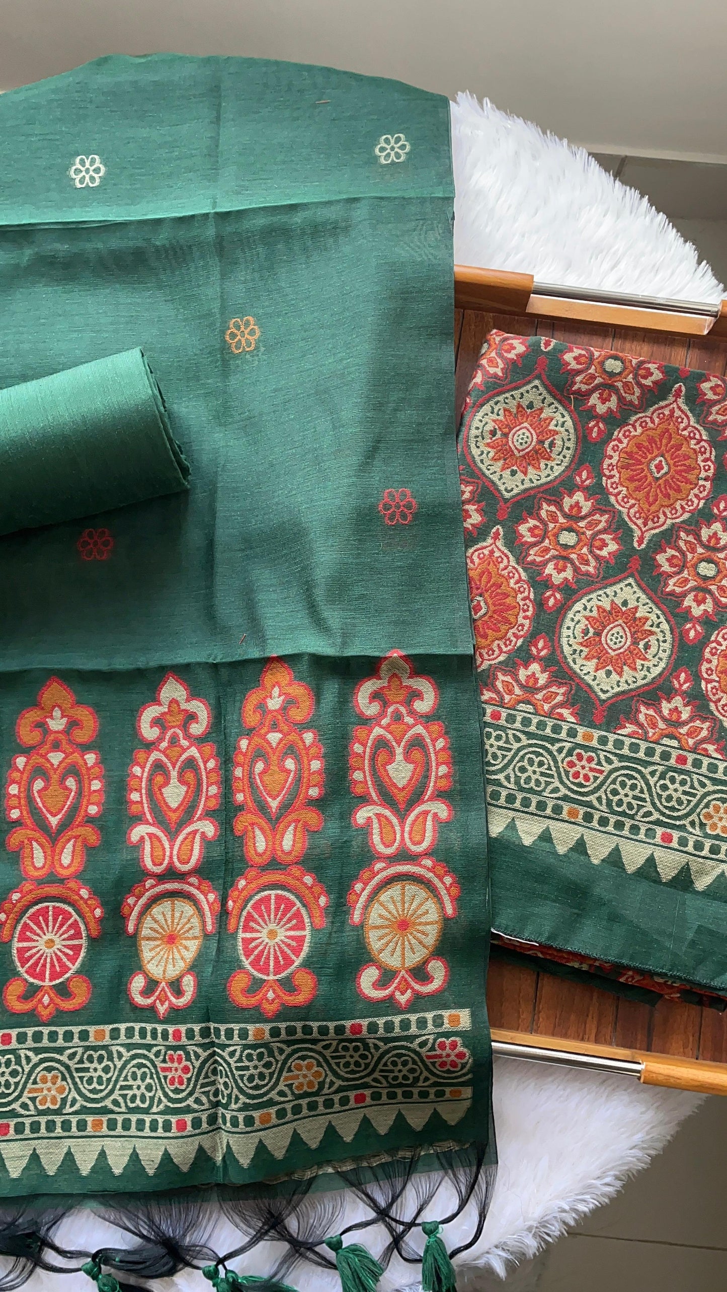 Lumina Ajrakh Green Muga Cotton Unstitched Suit Set