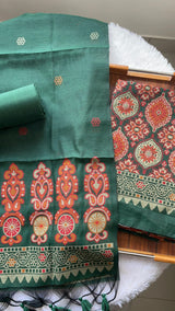 Lumina Ajrakh Green Muga Cotton Unstitched Suit Set