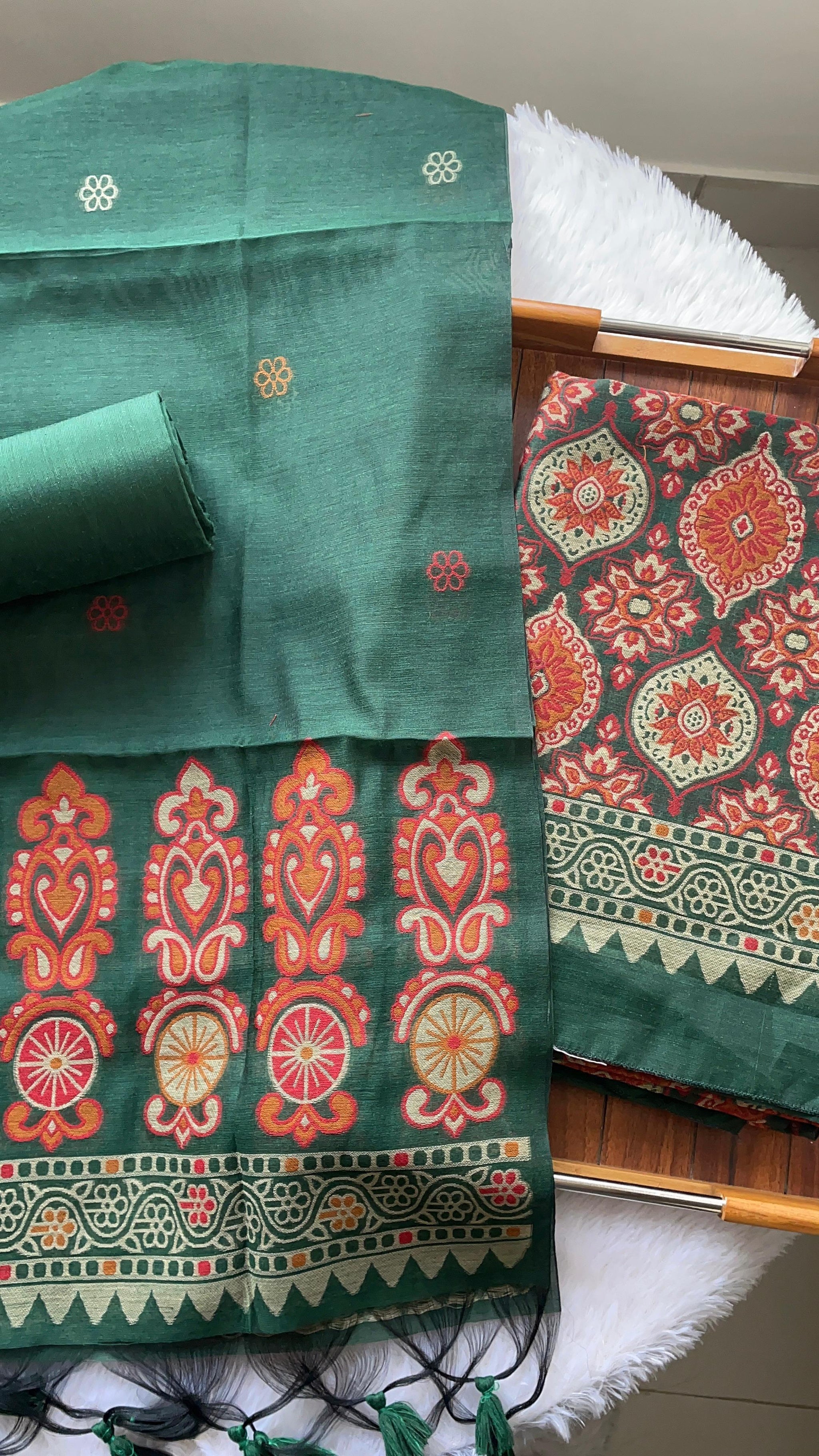 Lumina Ajrakh Green Muga Cotton Unstitched Suit Set