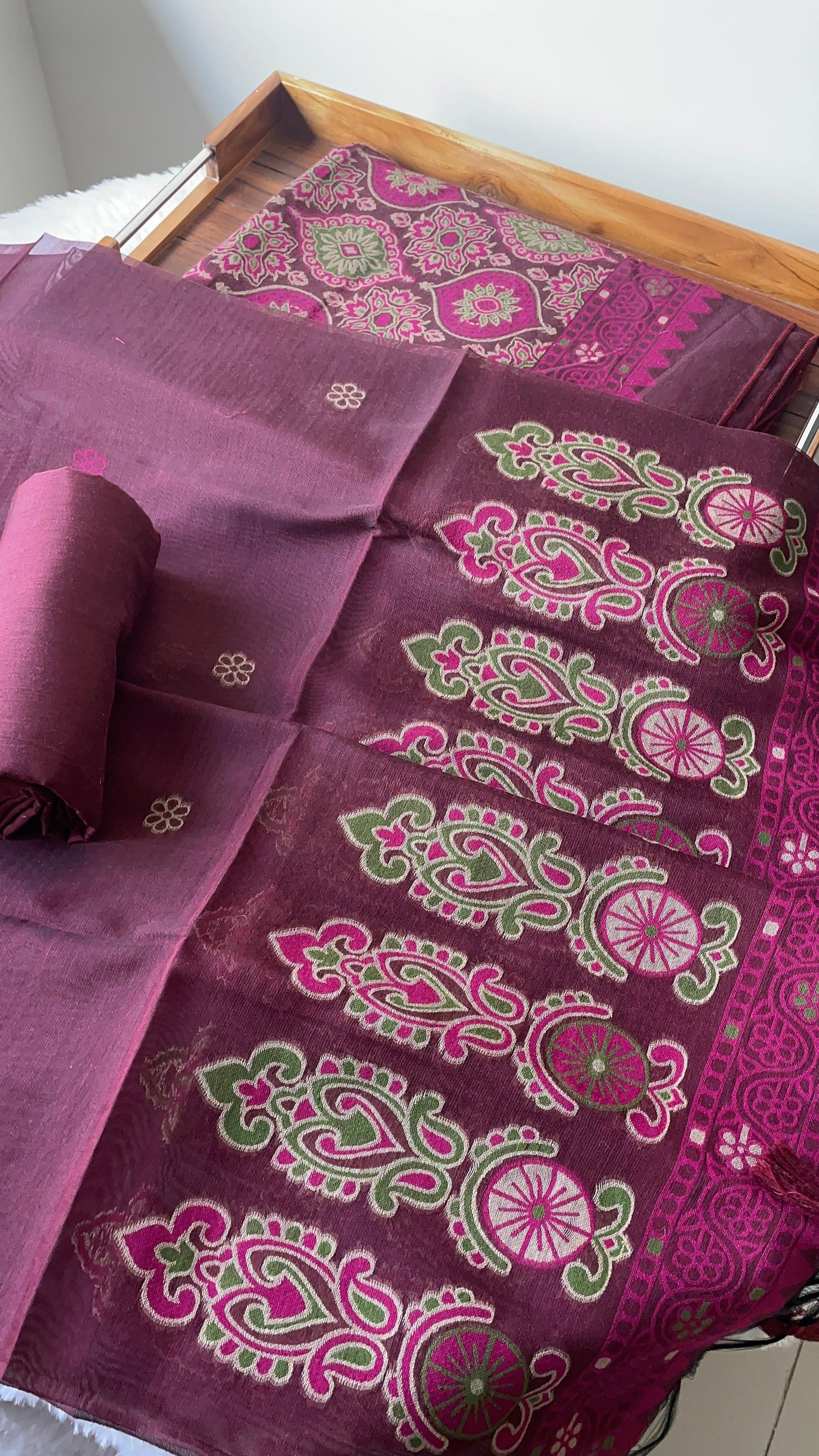 Lumina Ajrakh Maroon Red Muga Cotton Unstitched Suit Set