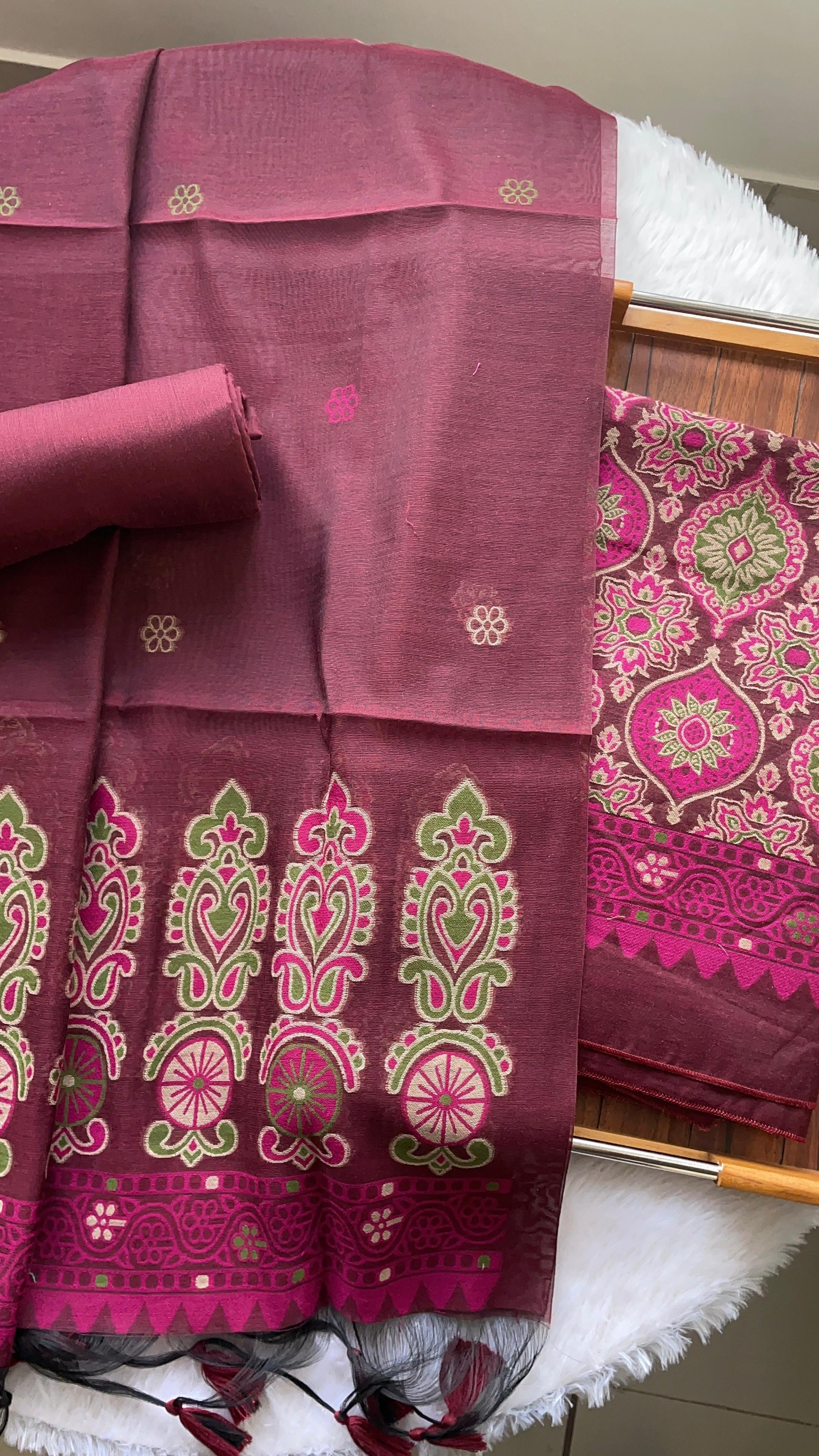 Lumina Ajrakh Maroon Red Muga Cotton Unstitched Suit Set
