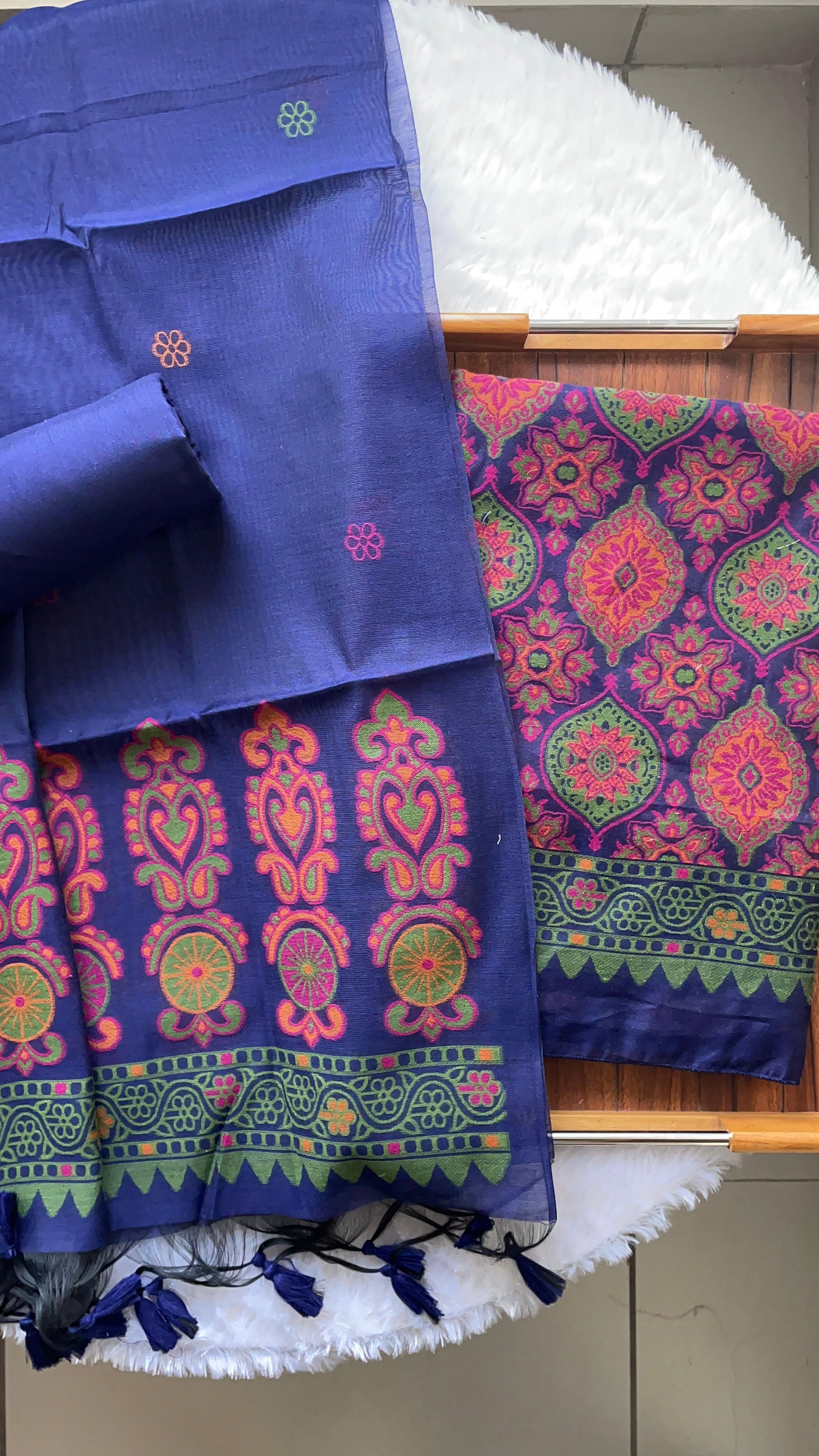Lumina Ajrakh Navy Muga Cotton Unstitched Suit Set